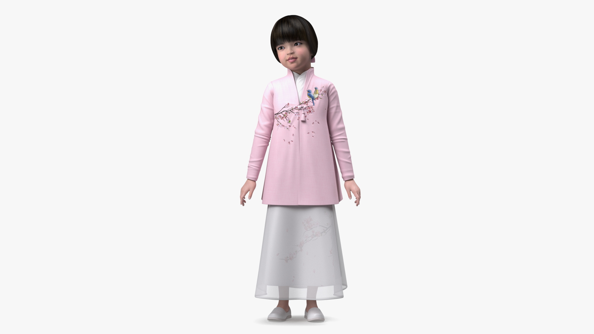 3D Little Chinese Girl in Traditional Clothes Standing