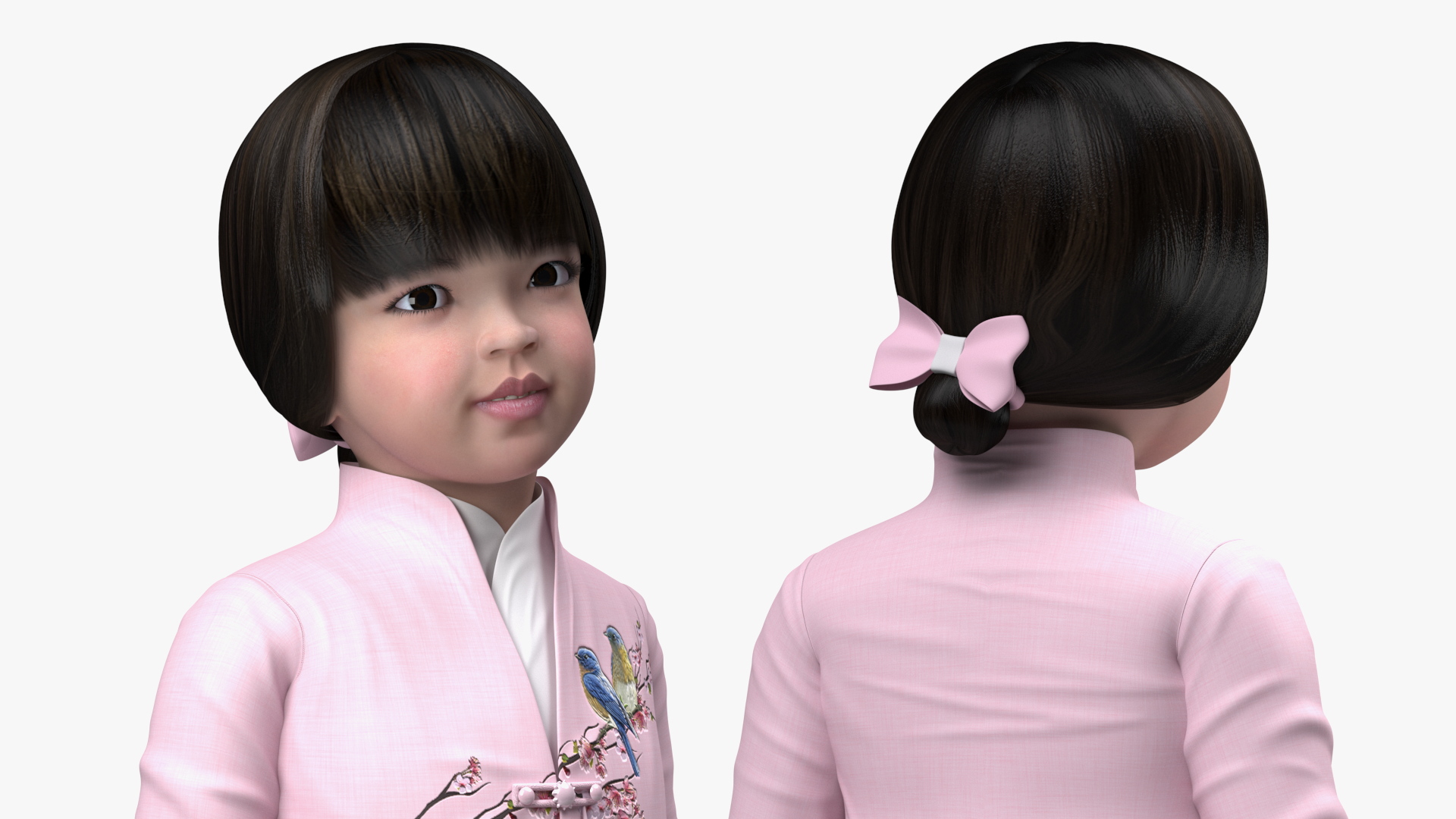 3D Little Chinese Girl in Traditional Clothes Standing