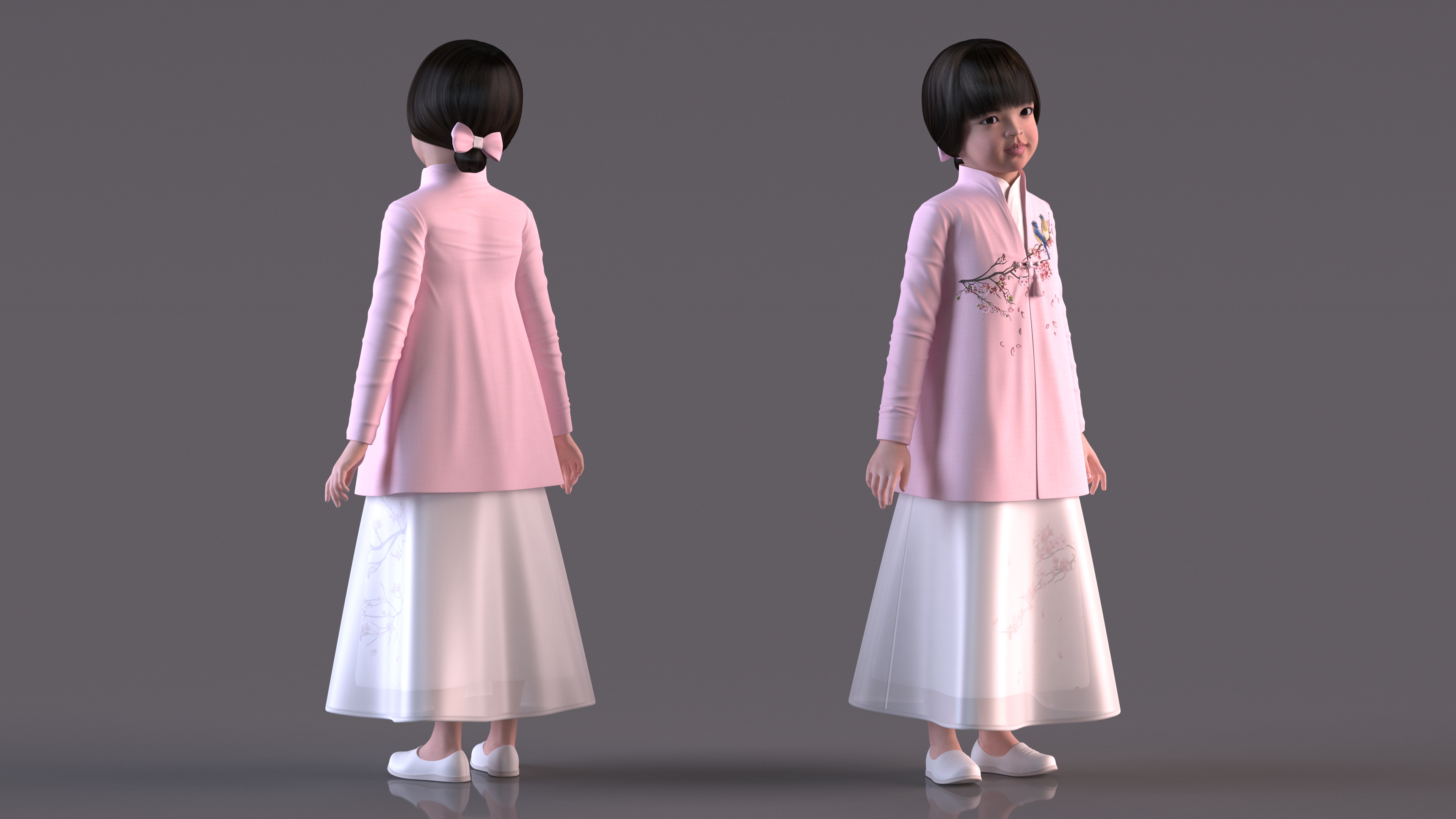 3D Little Chinese Girl in Traditional Clothes Standing