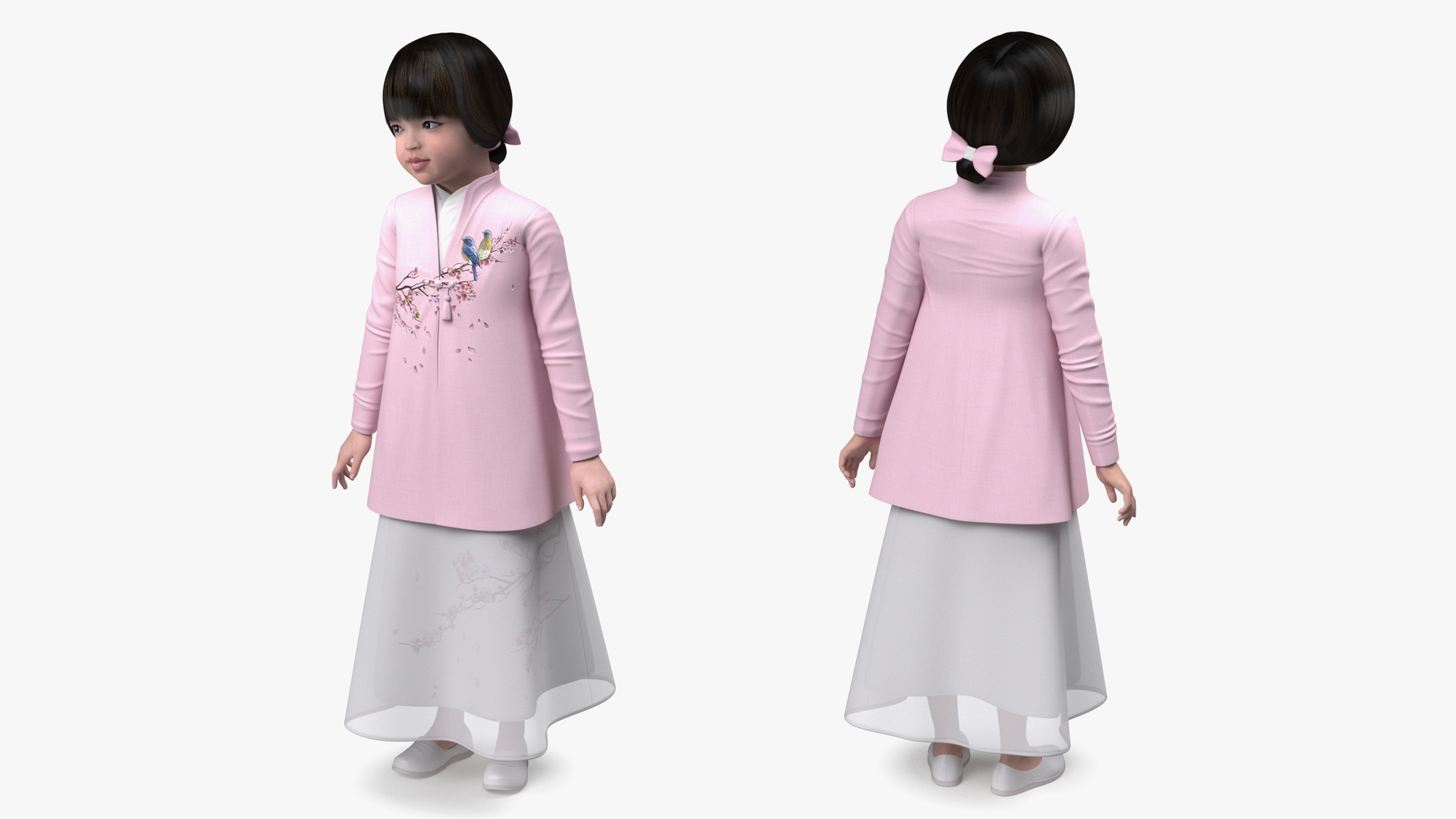 3D Little Chinese Girl in Traditional Clothes Standing