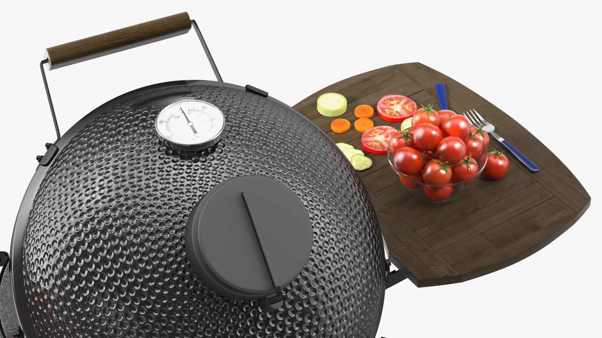 Kamado Style Barbecue Grill Open with Meat and Vegetables 3D