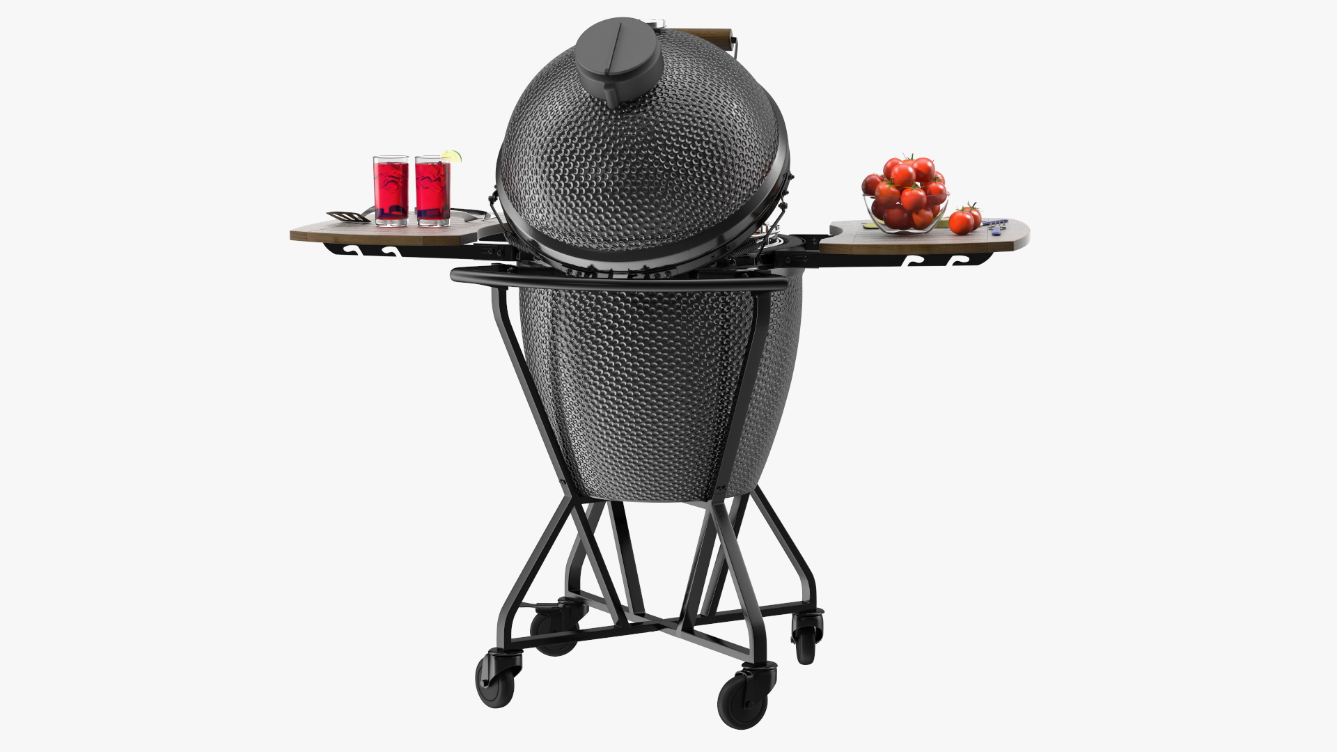 Kamado Style Barbecue Grill Open with Meat and Vegetables 3D