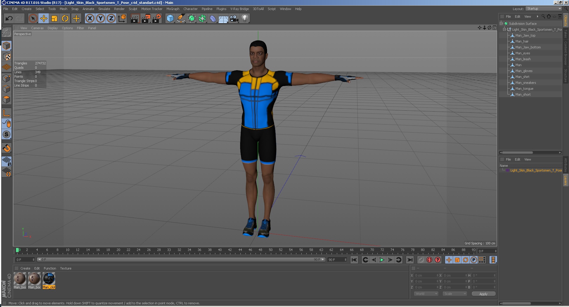 3D Light Skin Black Sportsmen T Pose model