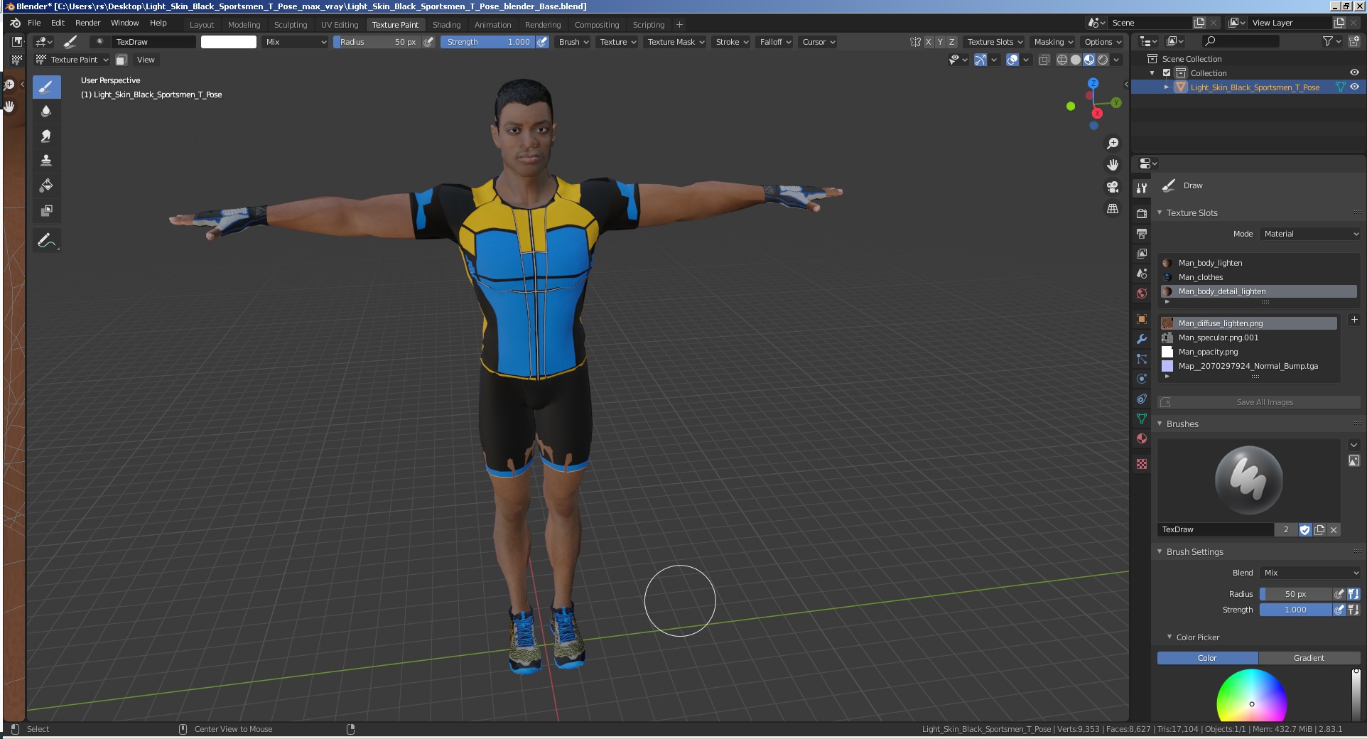 3D Light Skin Black Sportsmen T Pose model