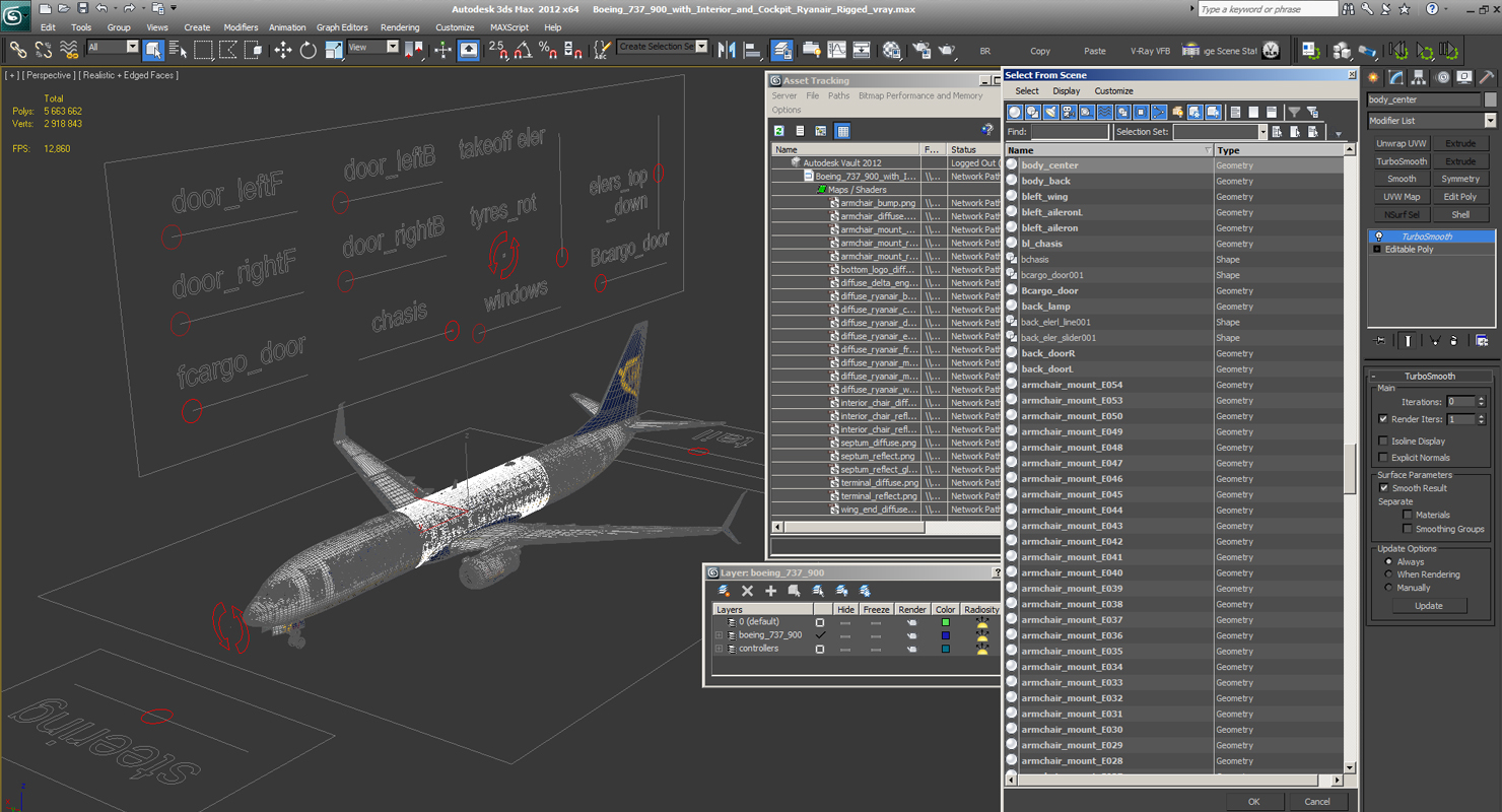 3D model Boeing 737 900 with Interior and Cockpit Ryanair Rigged