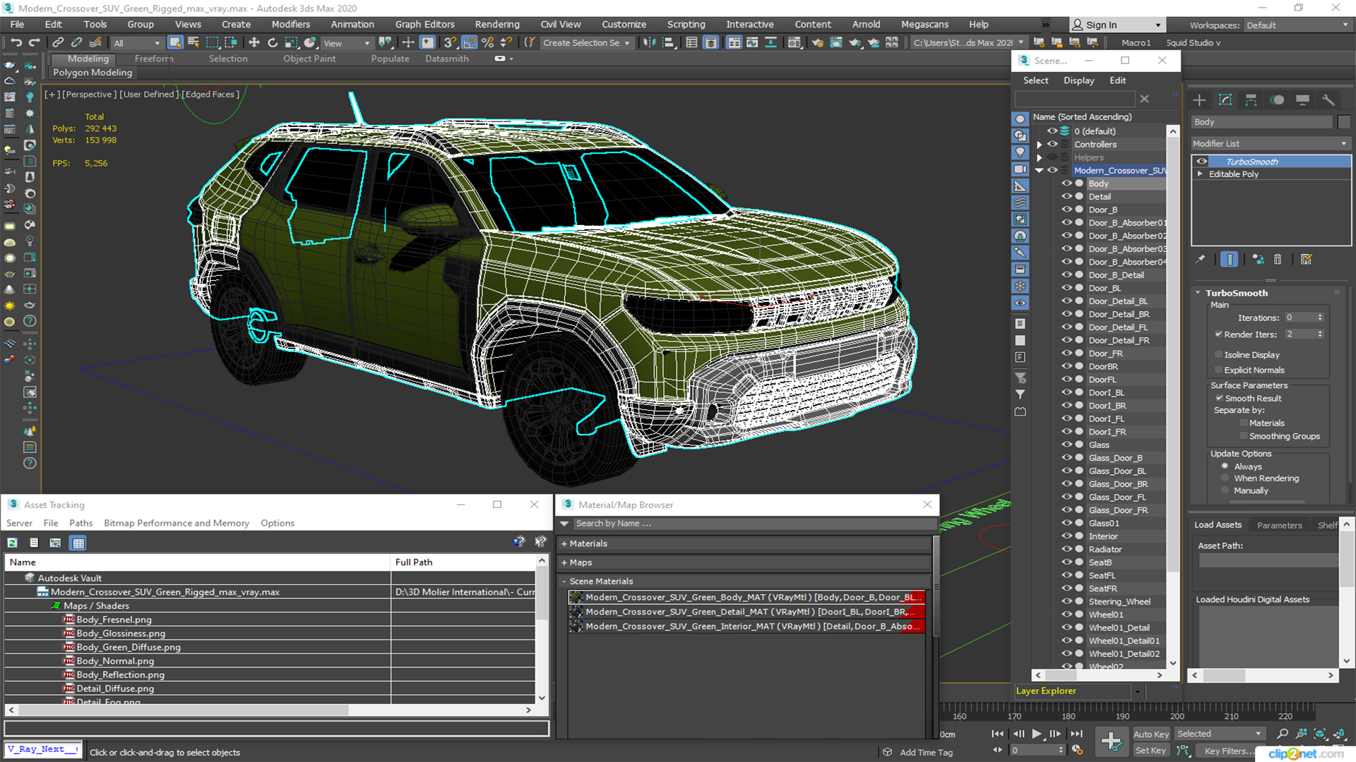 Modern Crossover SUV Green Rigged for Maya 3D