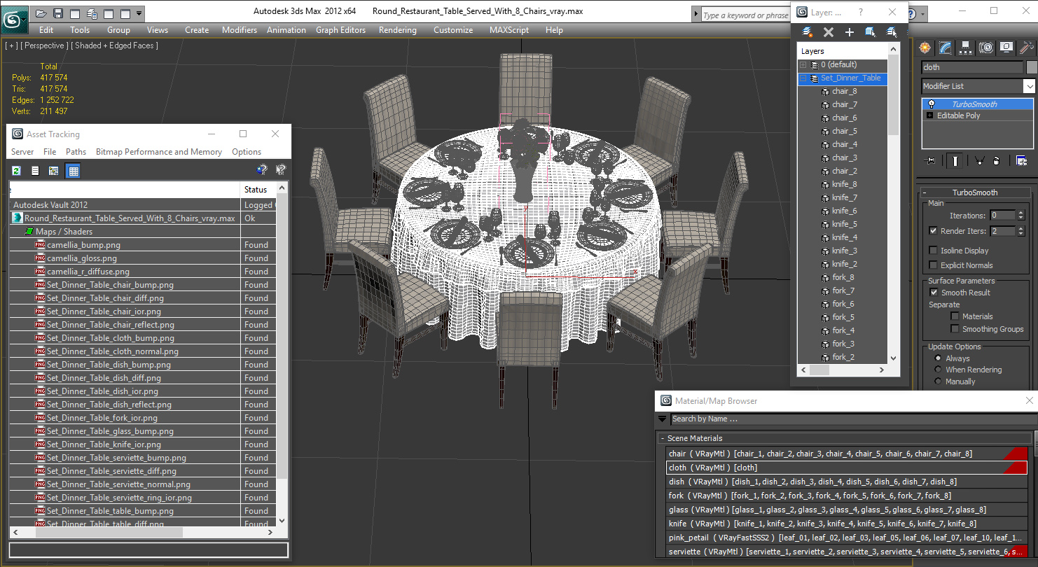 3D Round Restaurant Table Served With 8 Chairs model