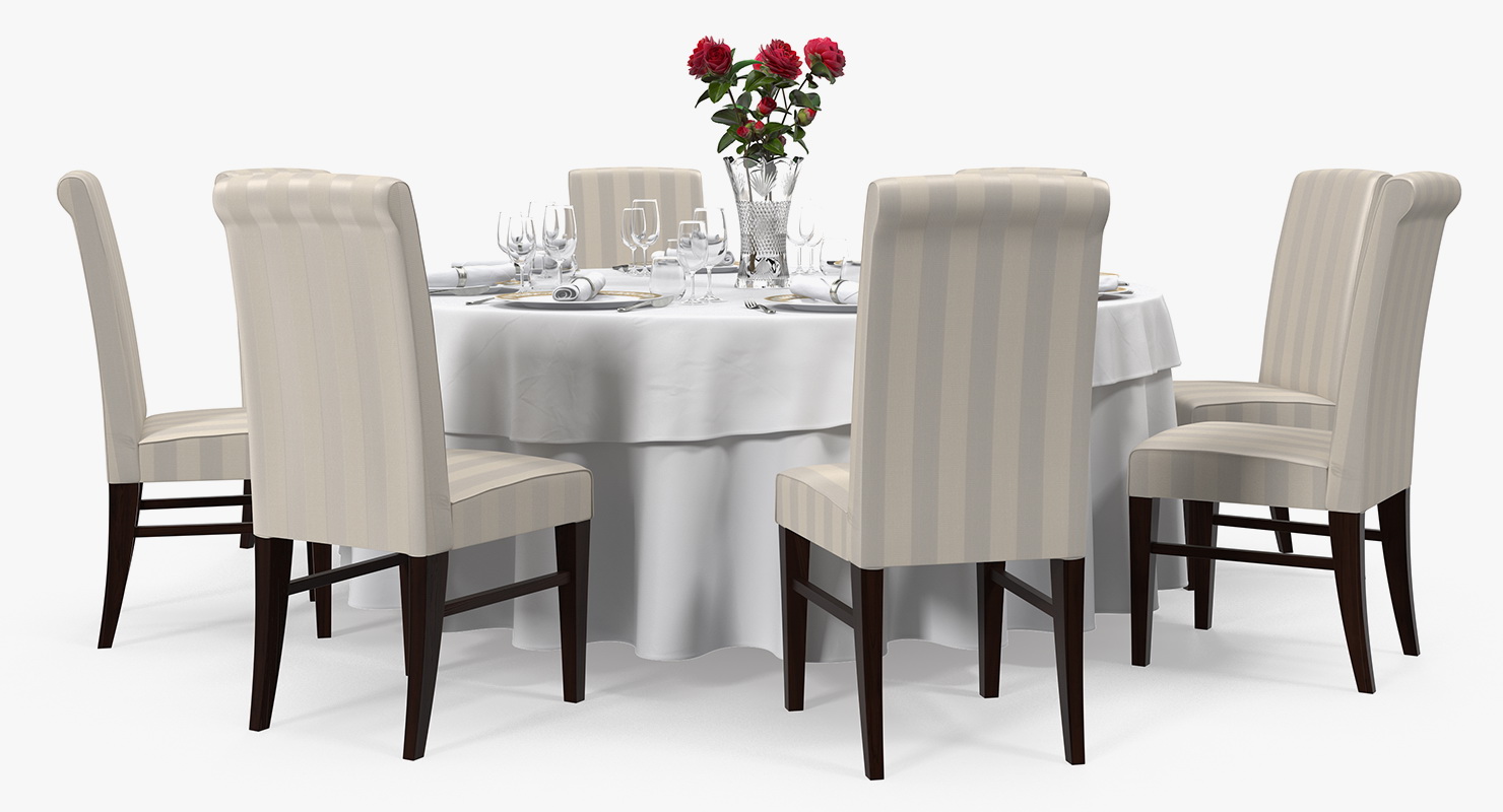 3D Round Restaurant Table Served With 8 Chairs model