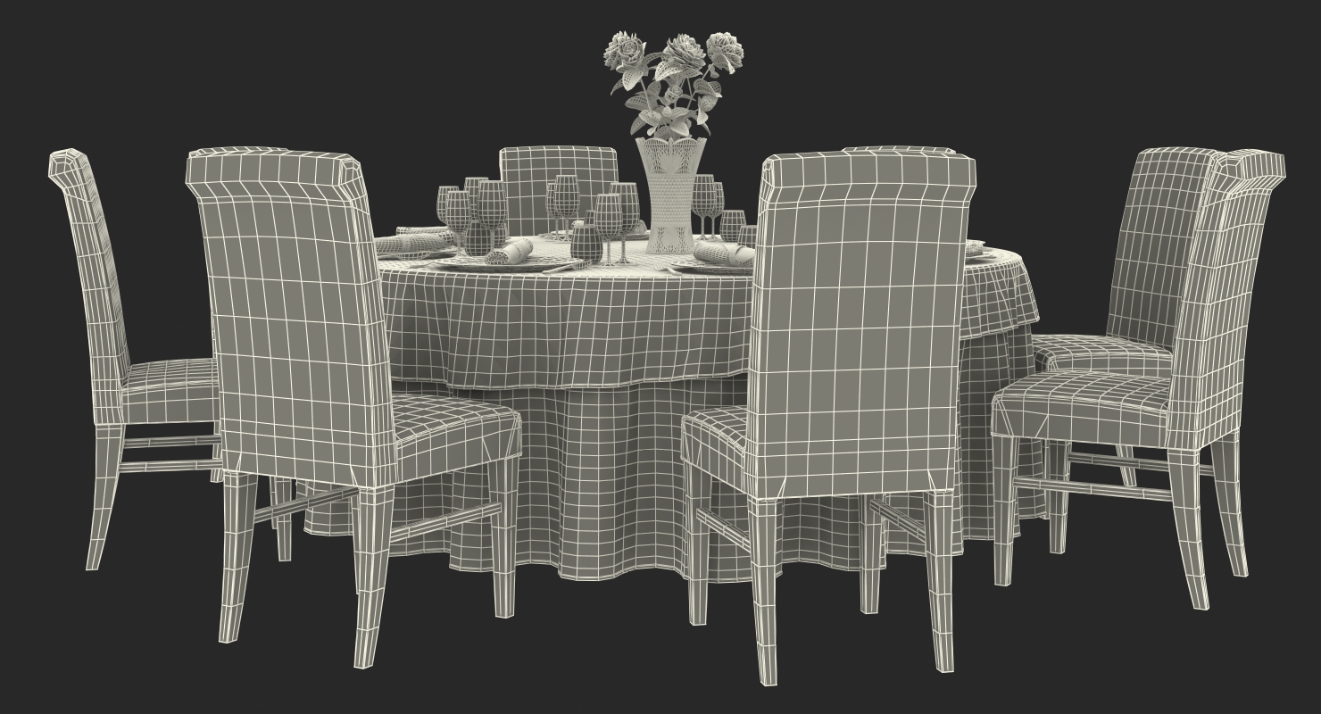 3D Round Restaurant Table Served With 8 Chairs model