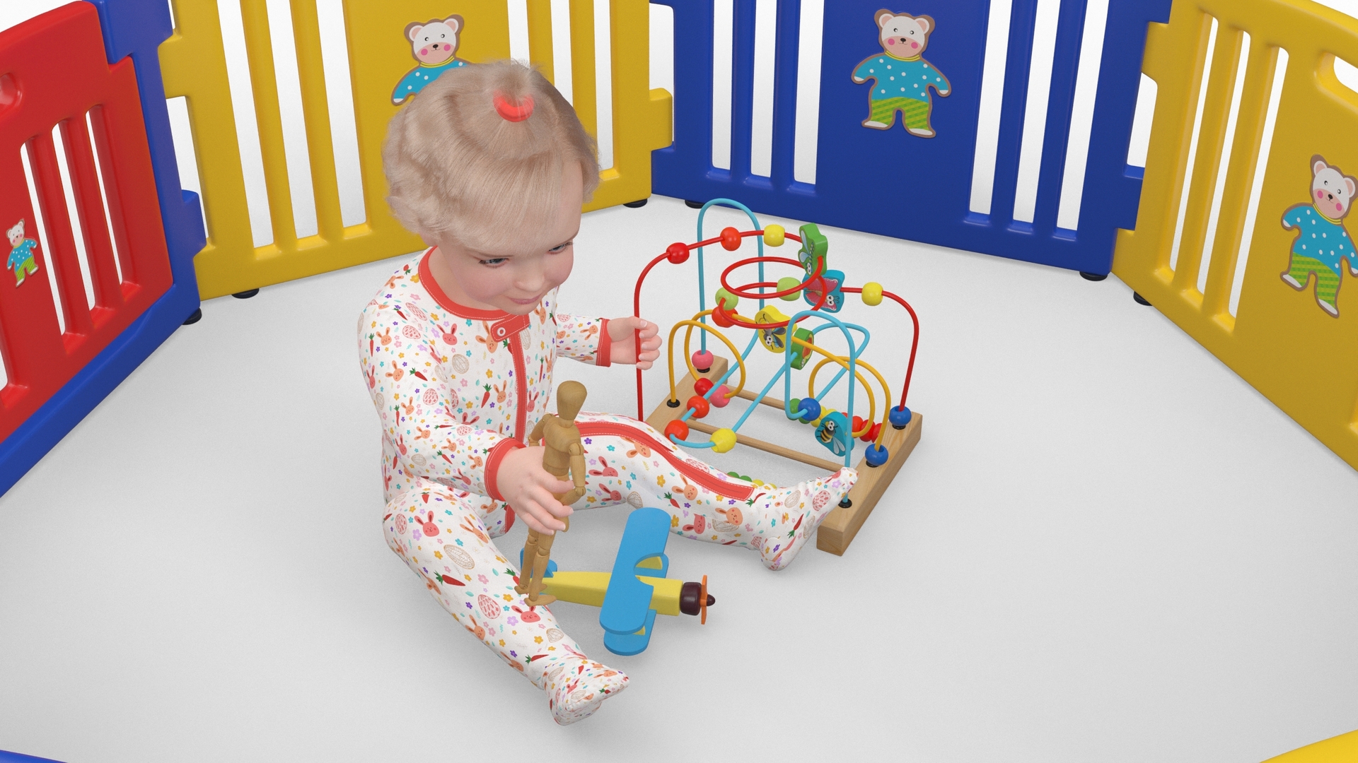 Toddler Girl in Playpen with Toys Fur 3D