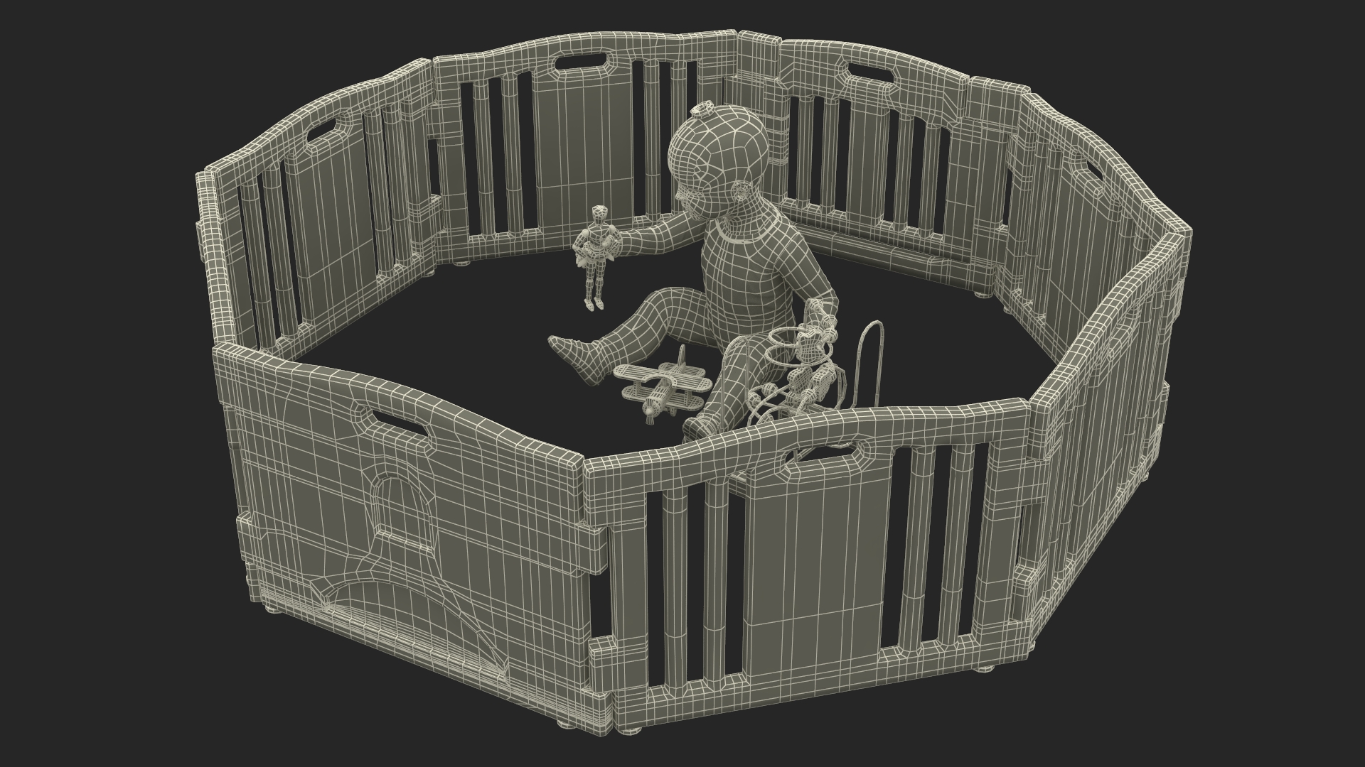 Toddler Girl in Playpen with Toys Fur 3D