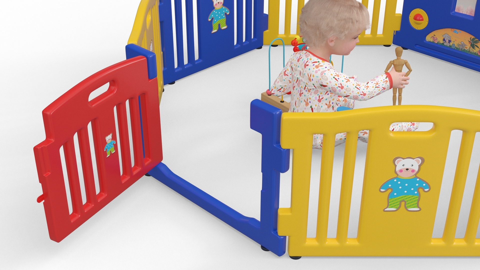 Toddler Girl in Playpen with Toys Fur 3D