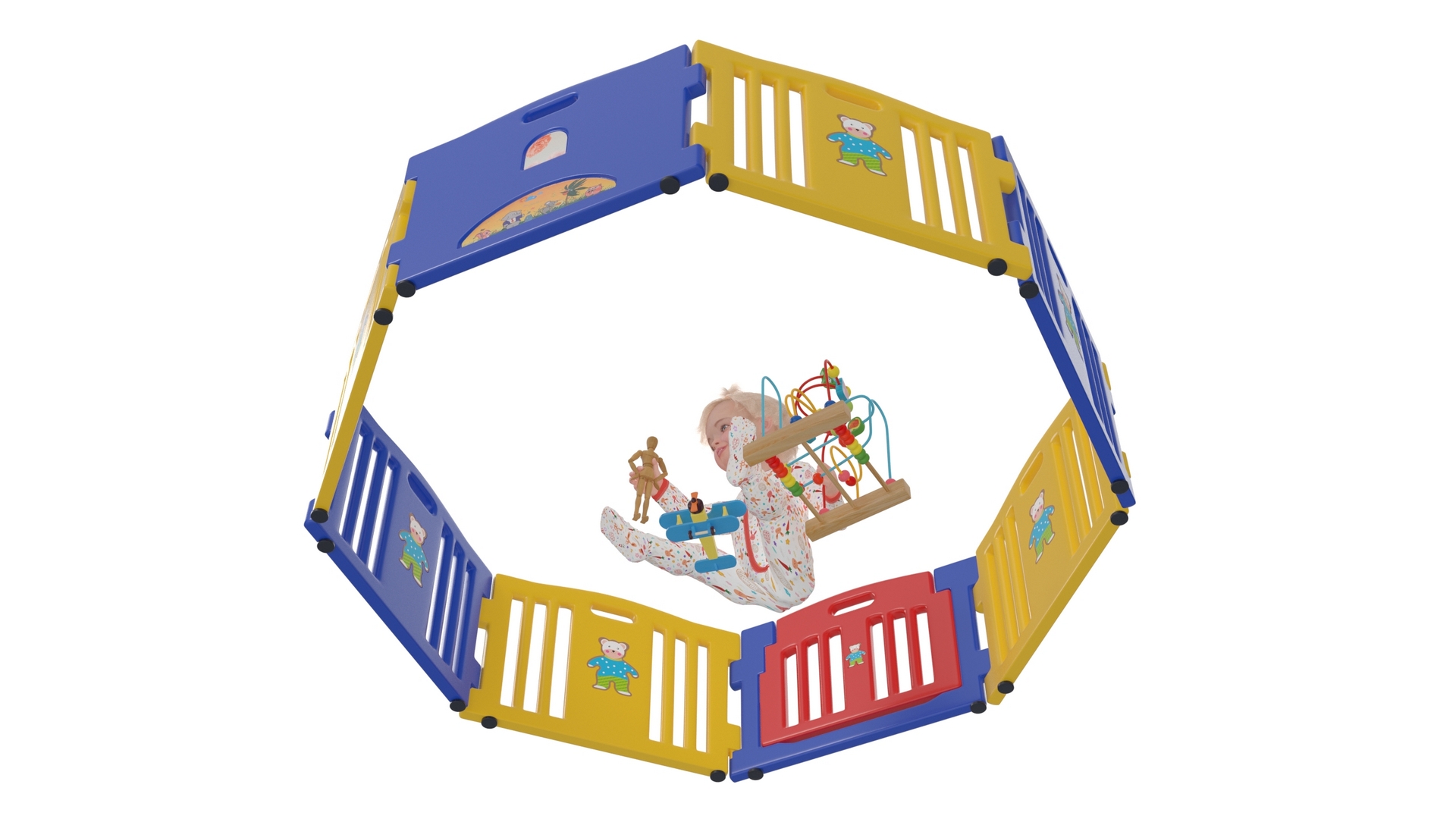 Toddler Girl in Playpen with Toys Fur 3D