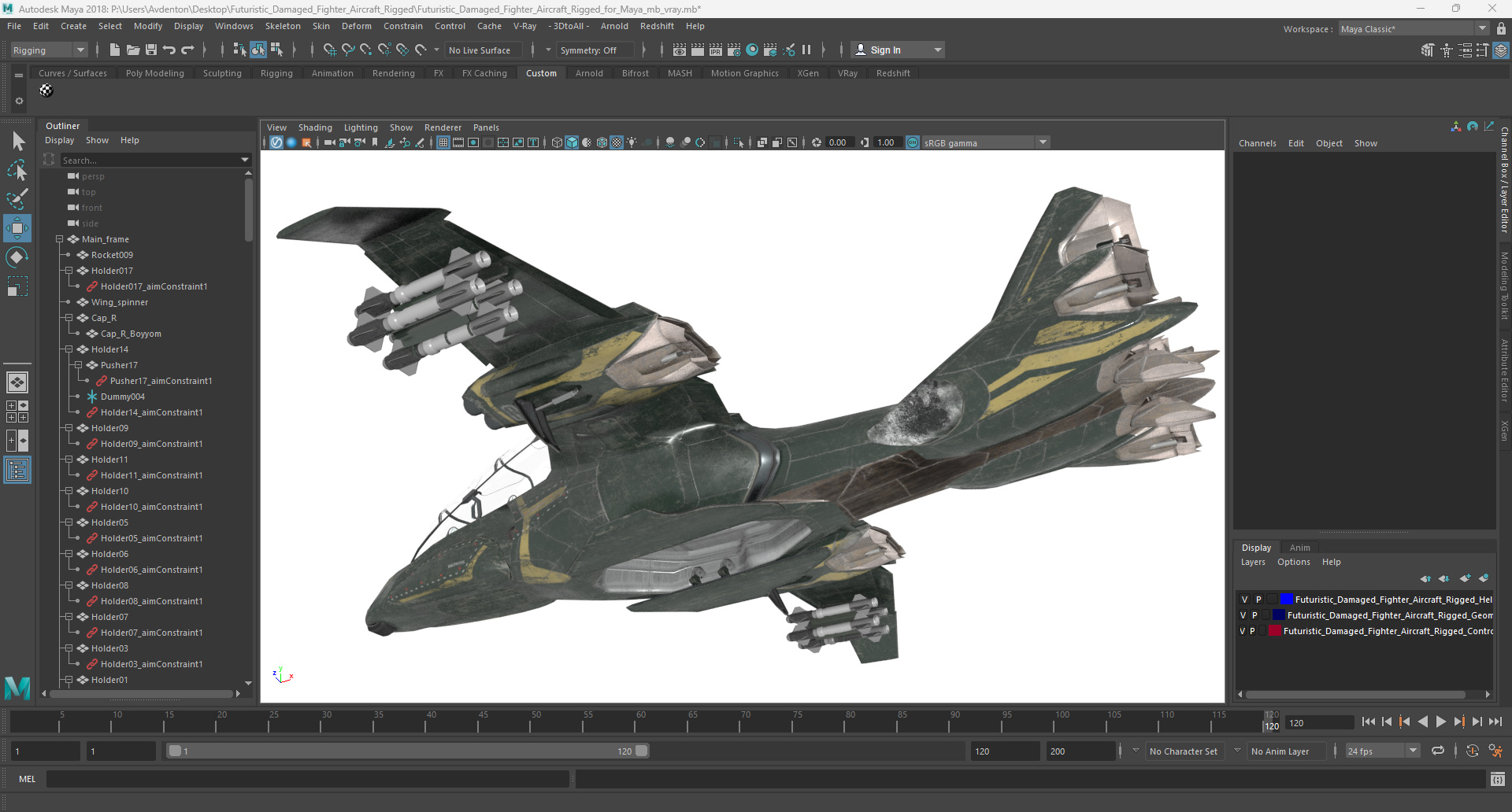 3D Futuristic Damaged Fighter Aircraft Rigged for Maya