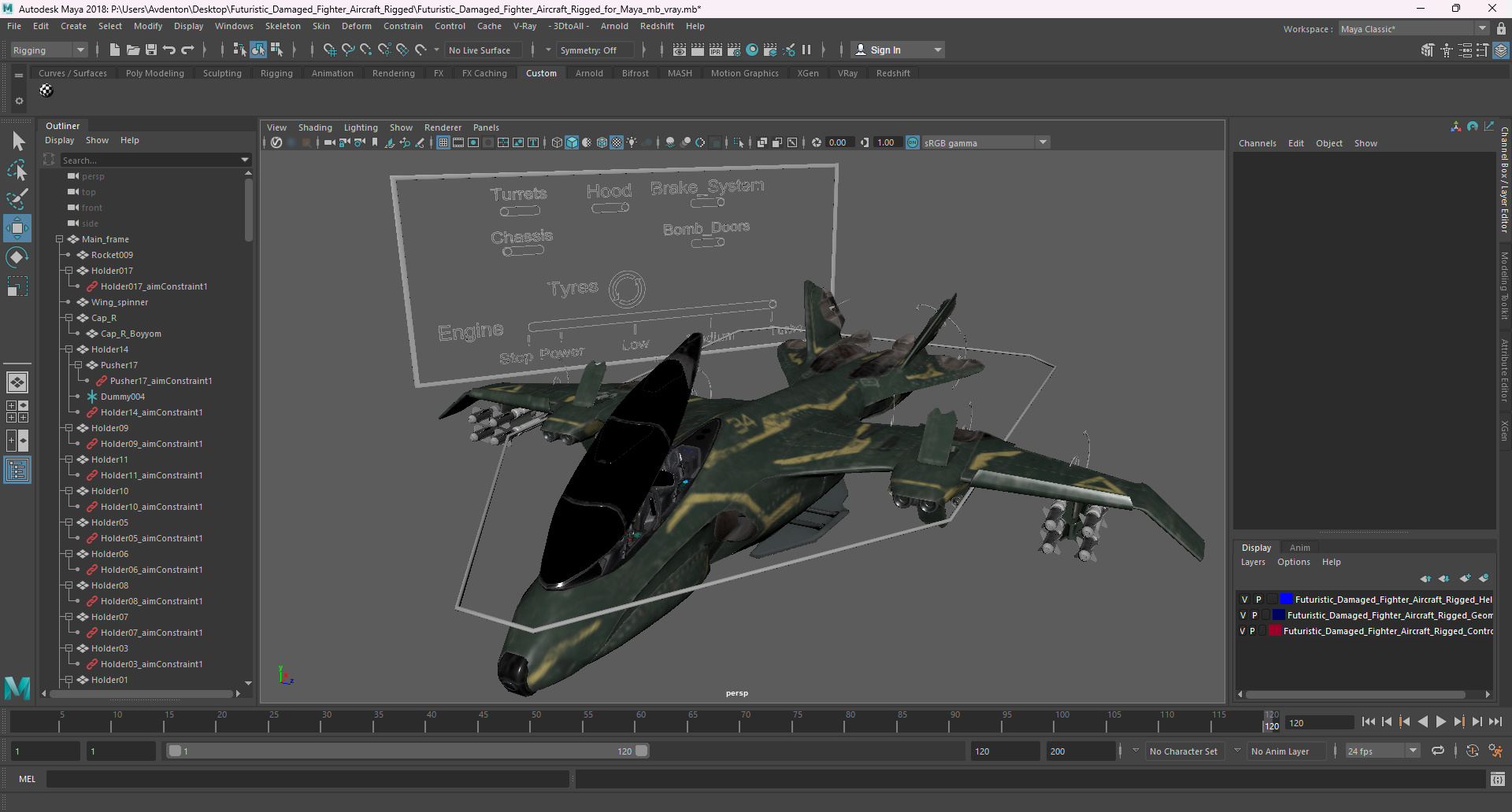 3D Futuristic Damaged Fighter Aircraft Rigged for Maya