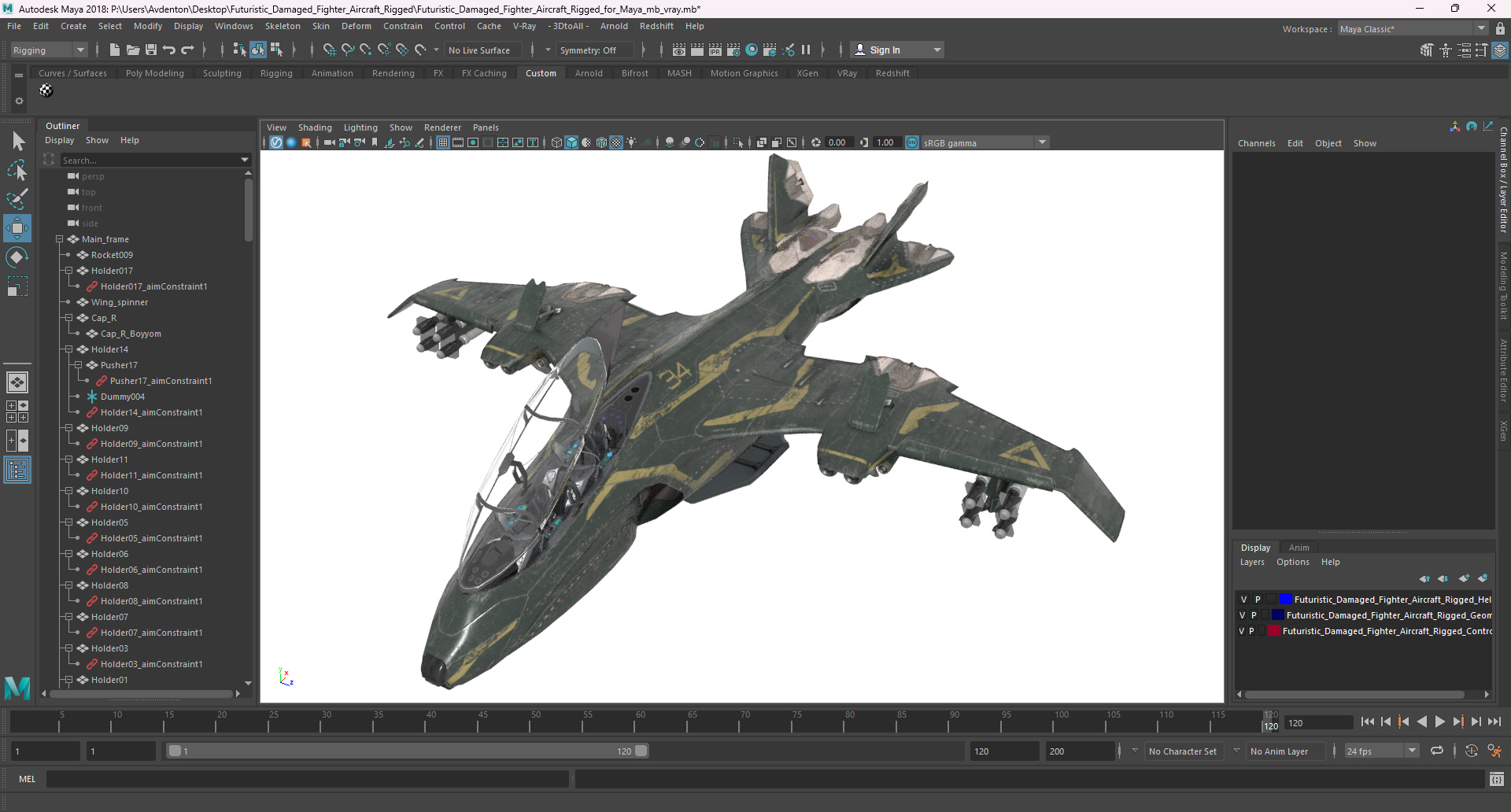 3D Futuristic Damaged Fighter Aircraft Rigged for Maya