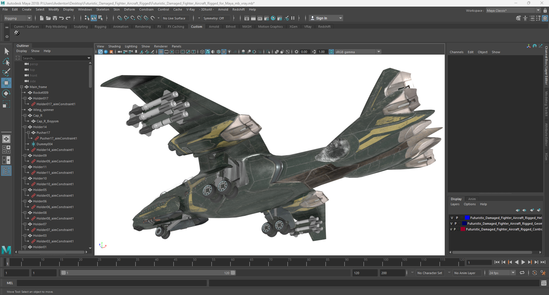 3D Futuristic Damaged Fighter Aircraft Rigged for Maya