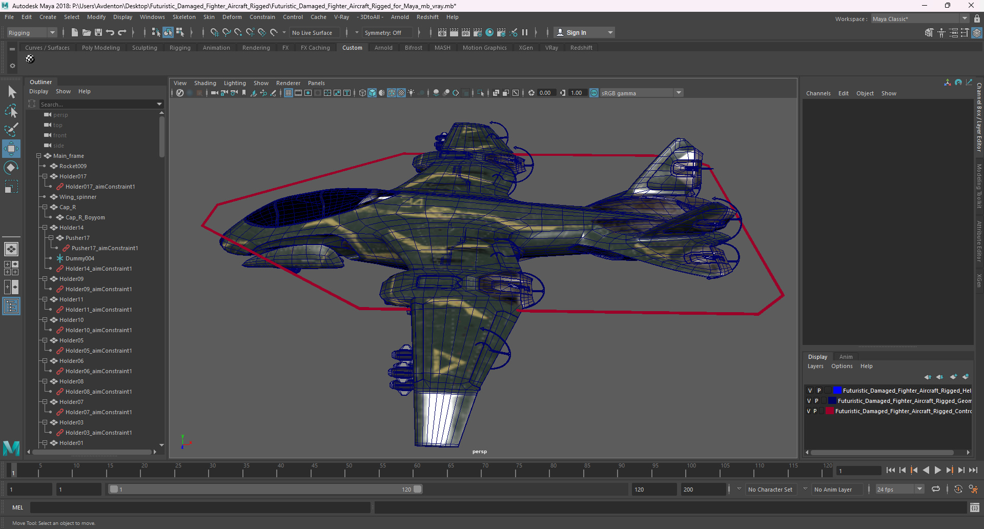 3D Futuristic Damaged Fighter Aircraft Rigged for Maya