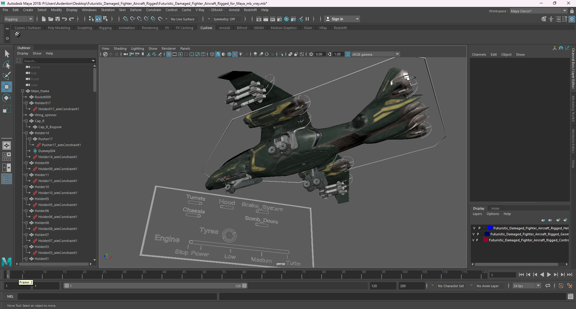 3D Futuristic Damaged Fighter Aircraft Rigged for Maya