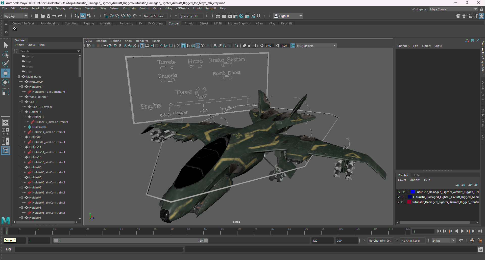 3D Futuristic Damaged Fighter Aircraft Rigged for Maya