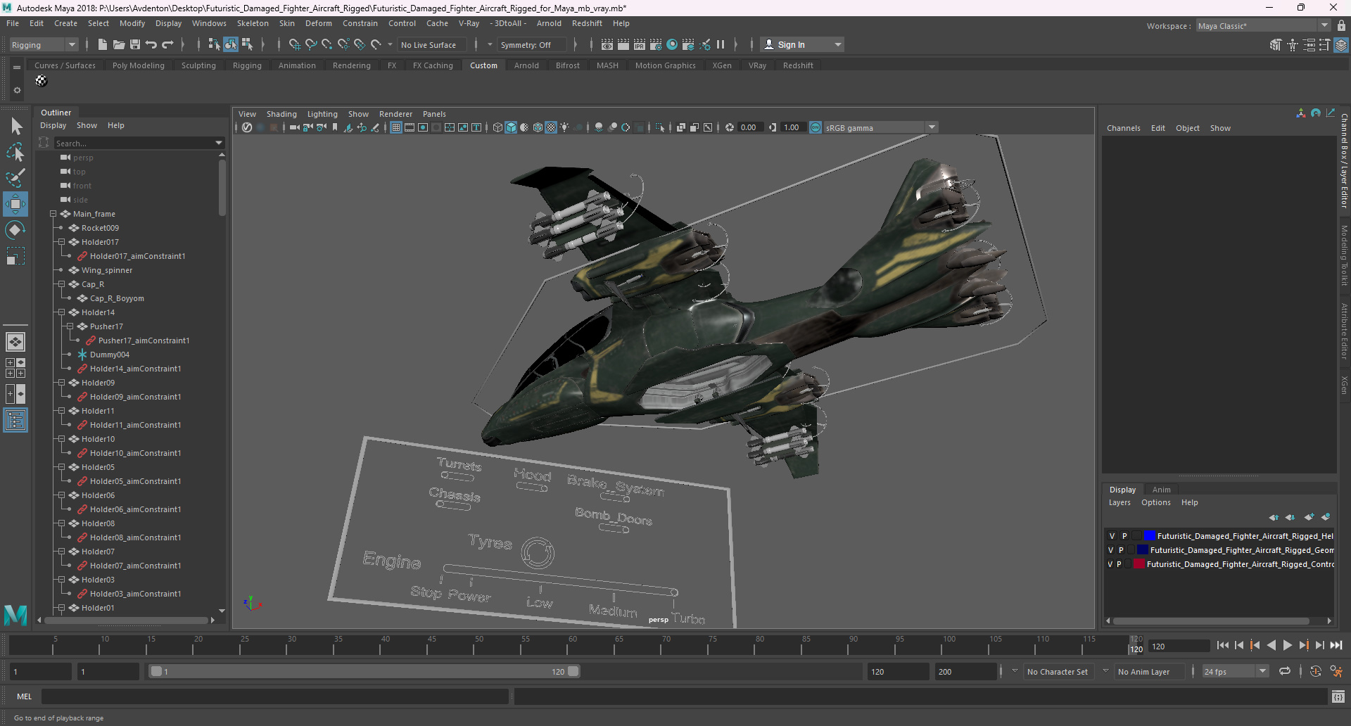 3D Futuristic Damaged Fighter Aircraft Rigged for Maya