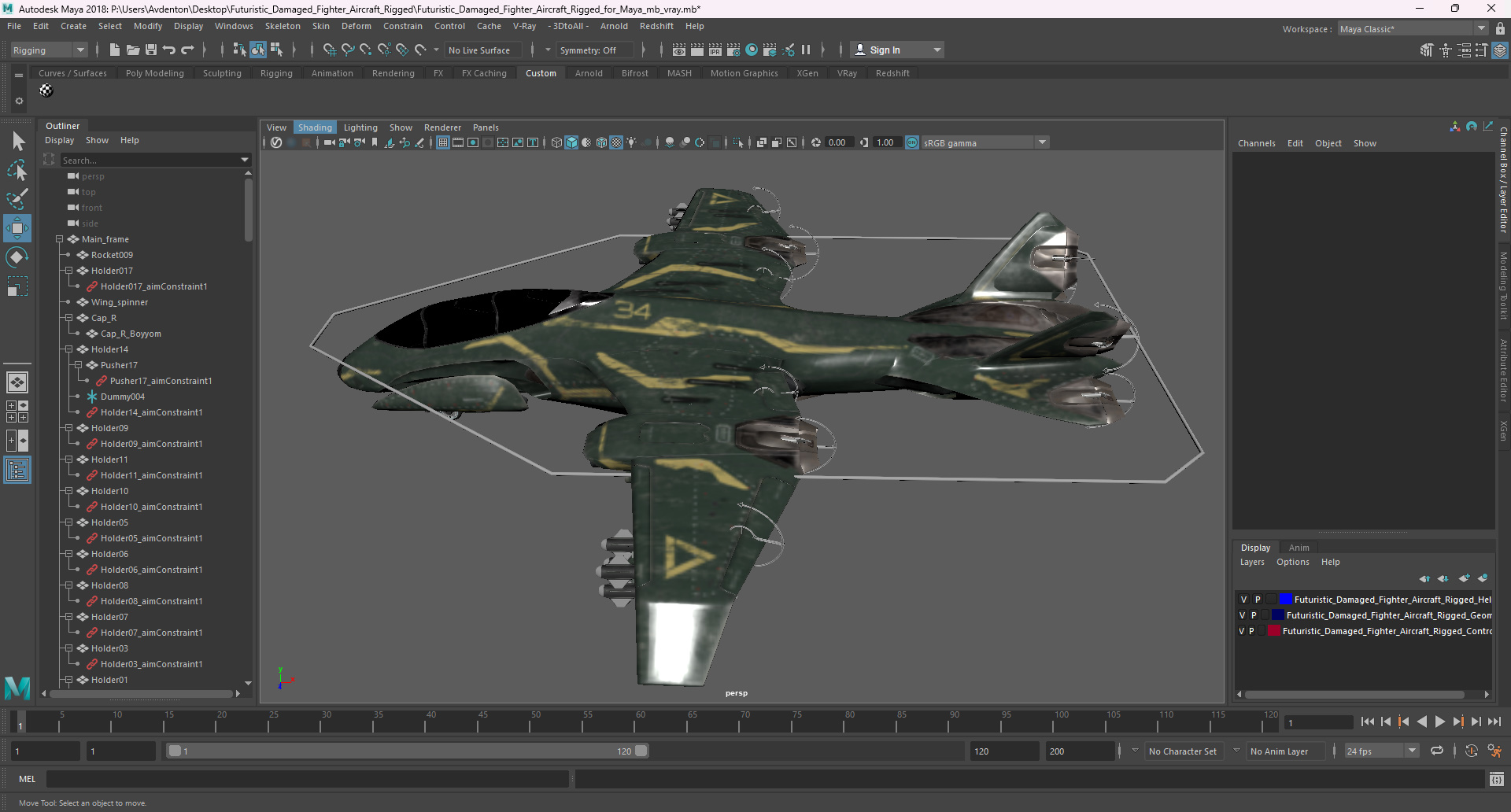 3D Futuristic Damaged Fighter Aircraft Rigged for Maya