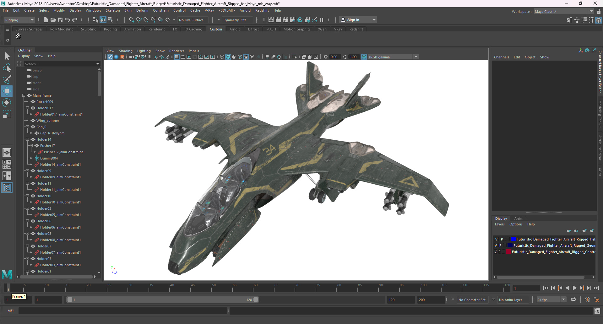 3D Futuristic Damaged Fighter Aircraft Rigged for Maya