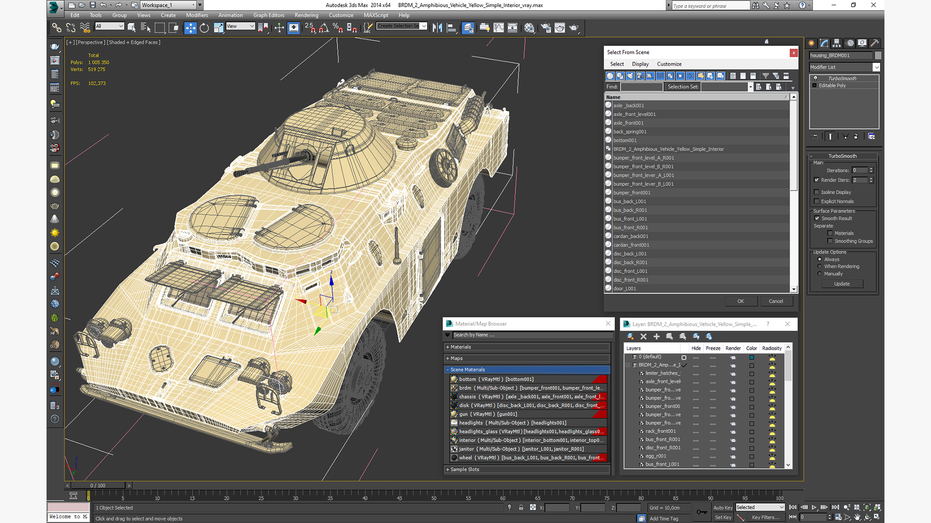 3D BRDM 2 Amphibious Vehicle Yellow Simple Interior model