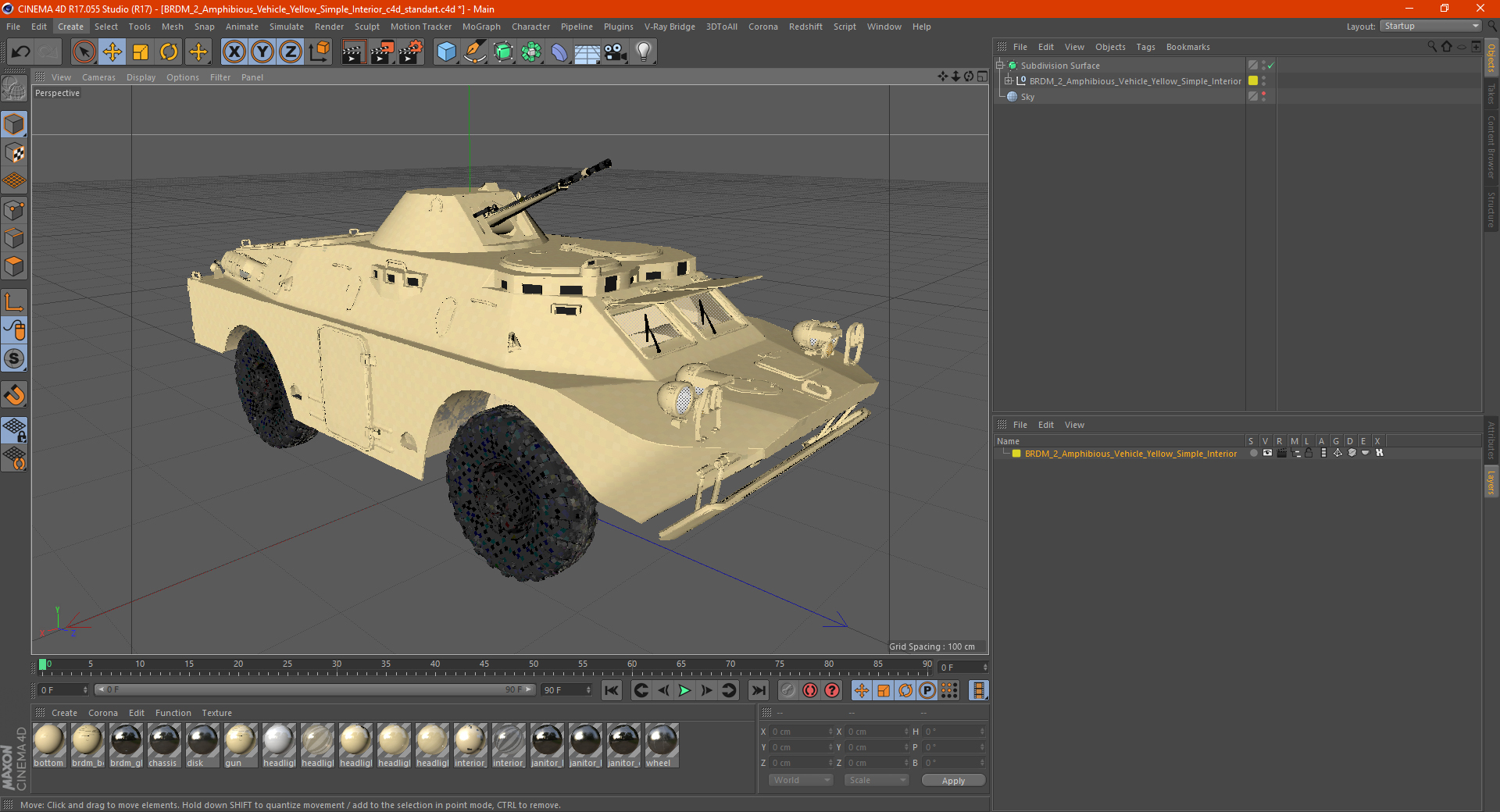 3D BRDM 2 Amphibious Vehicle Yellow Simple Interior model