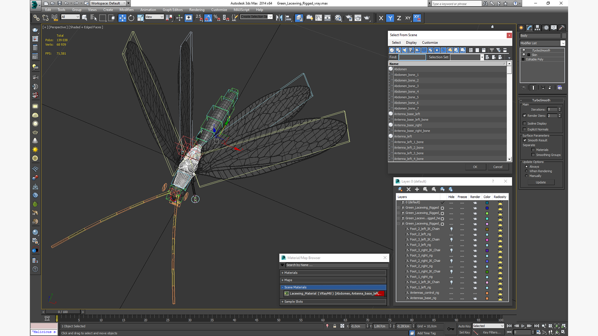 3D model Green Lacewing Rigged for Maya