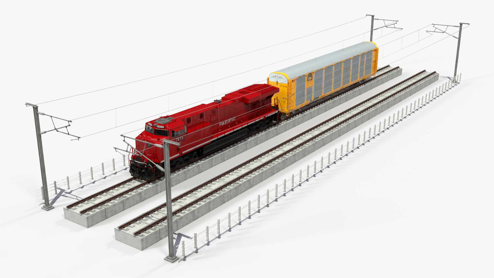 3D Freight Train with Autorack Train Car on Railway model