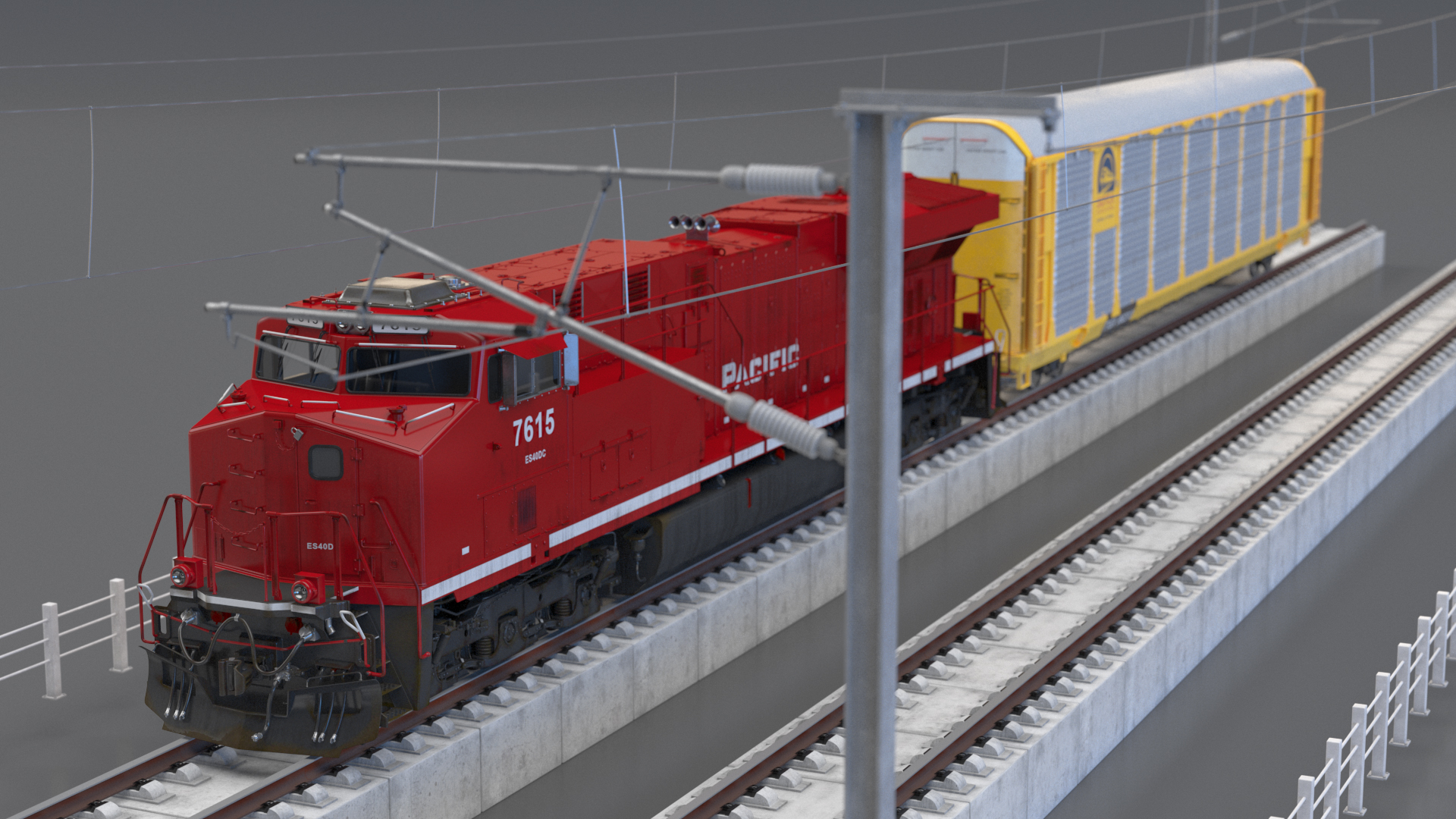 3D Freight Train with Autorack Train Car on Railway model