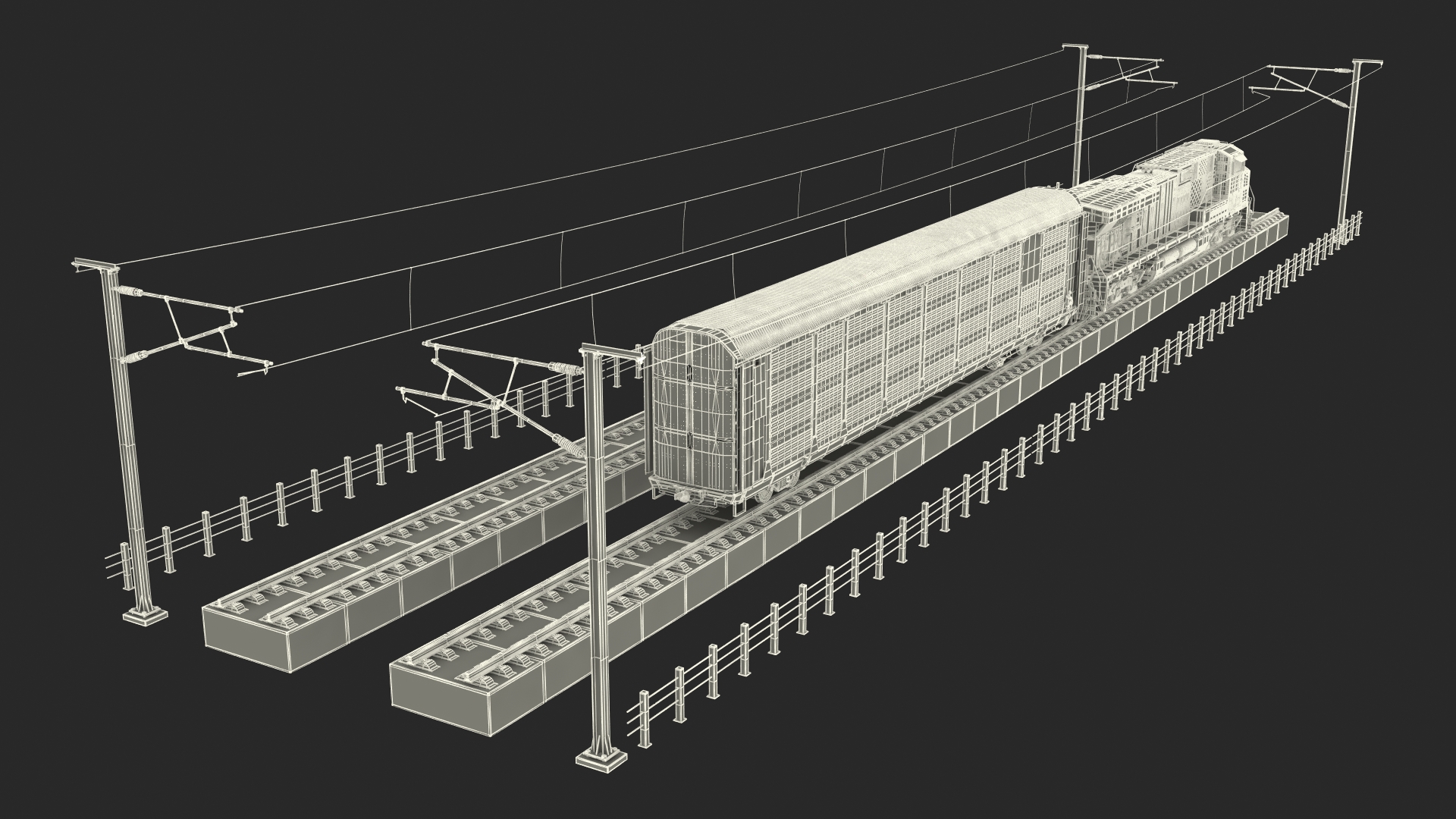 3D Freight Train with Autorack Train Car on Railway model