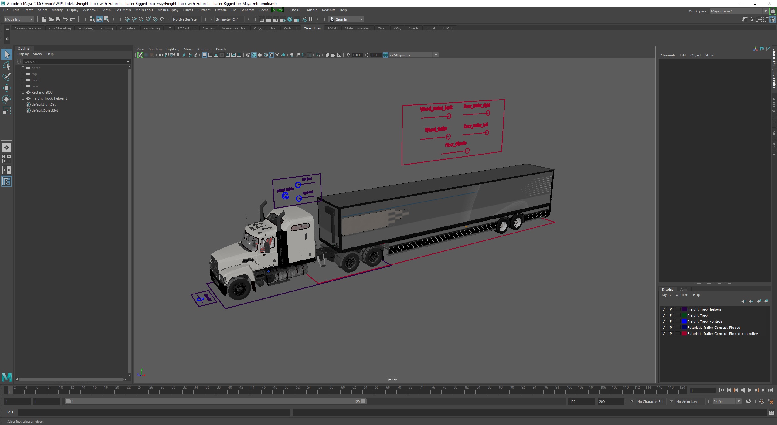 3D Freight Truck with Futuristic Trailer Rigged for Maya model