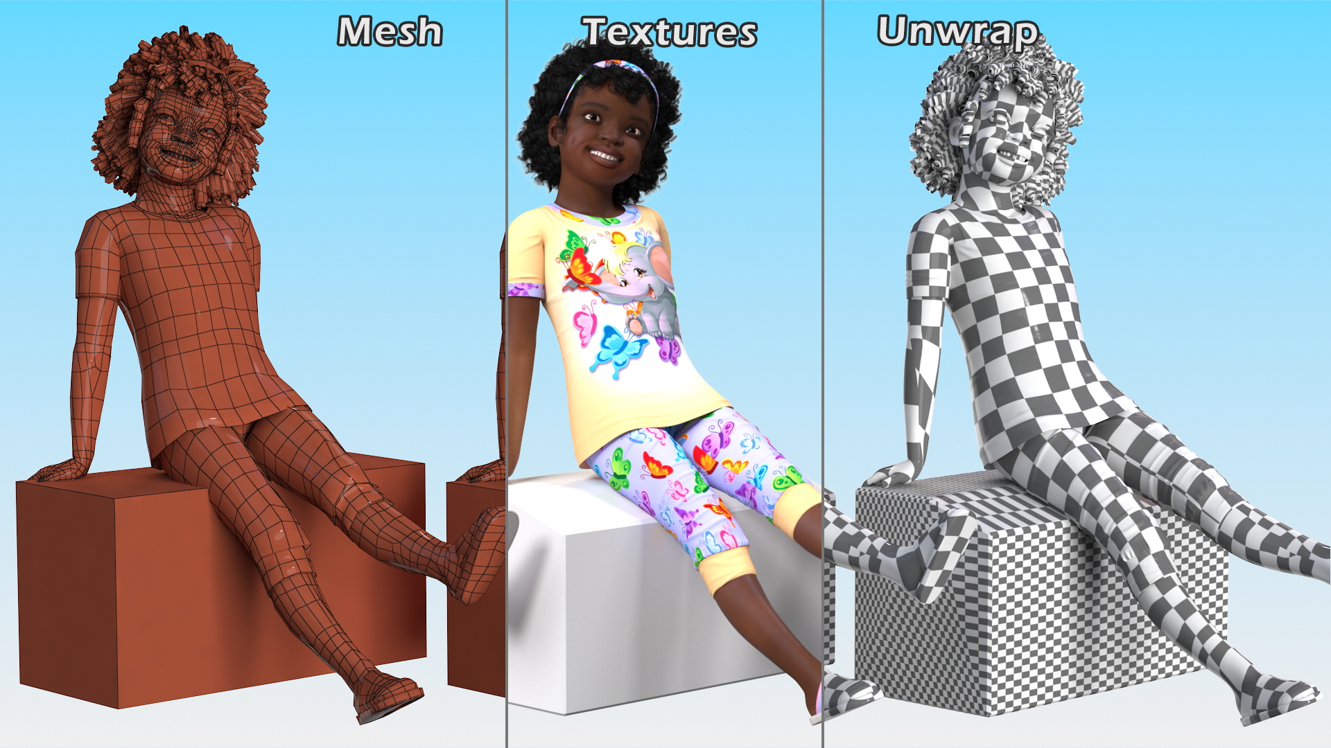 3D model Black Child Girl Home Style Sitting Pose