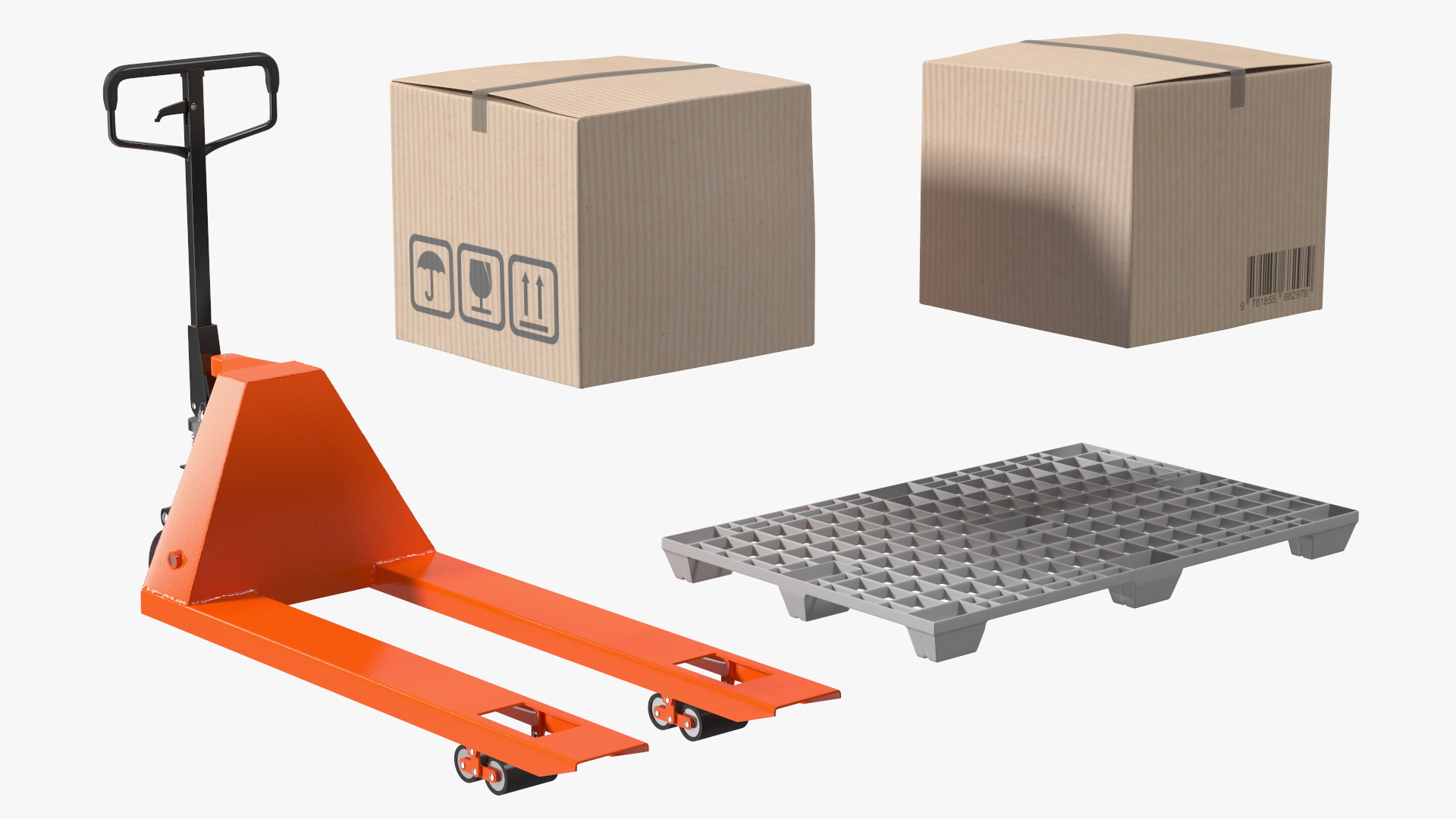 3D model Orange Hand Pallet Truck with Boxes