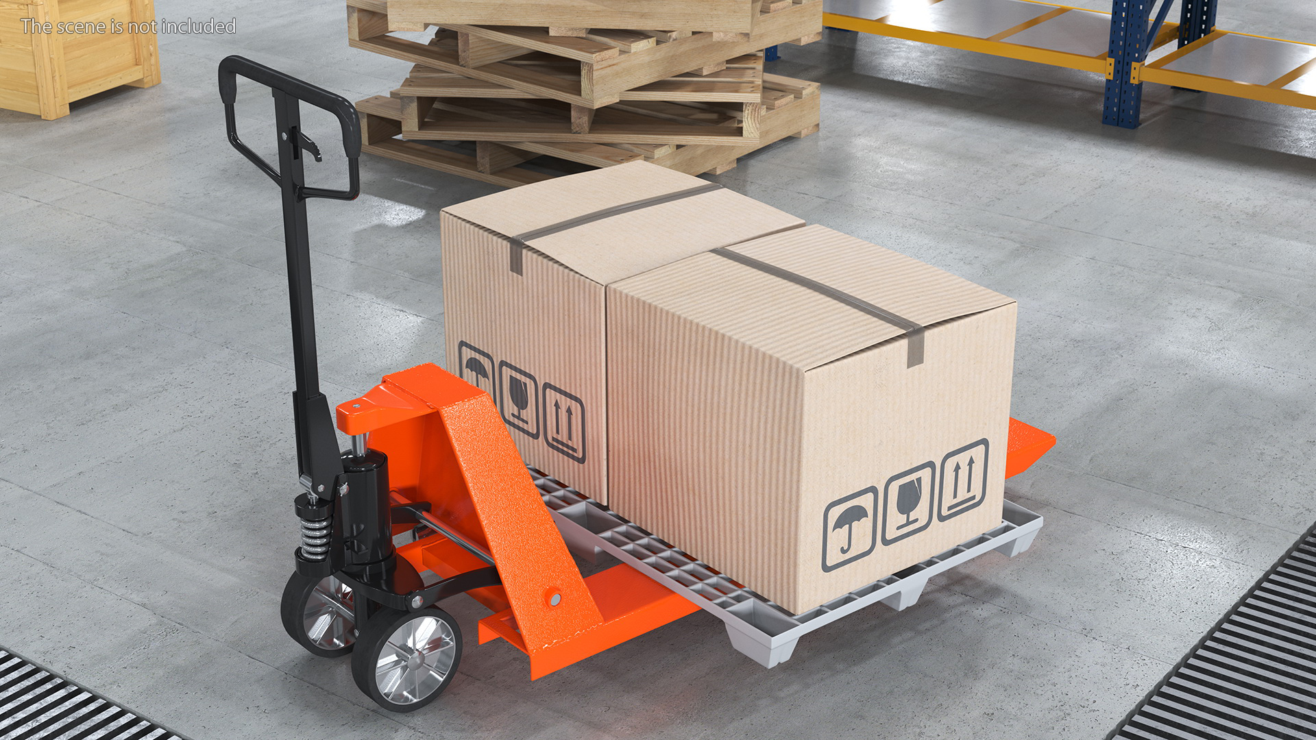 3D model Orange Hand Pallet Truck with Boxes