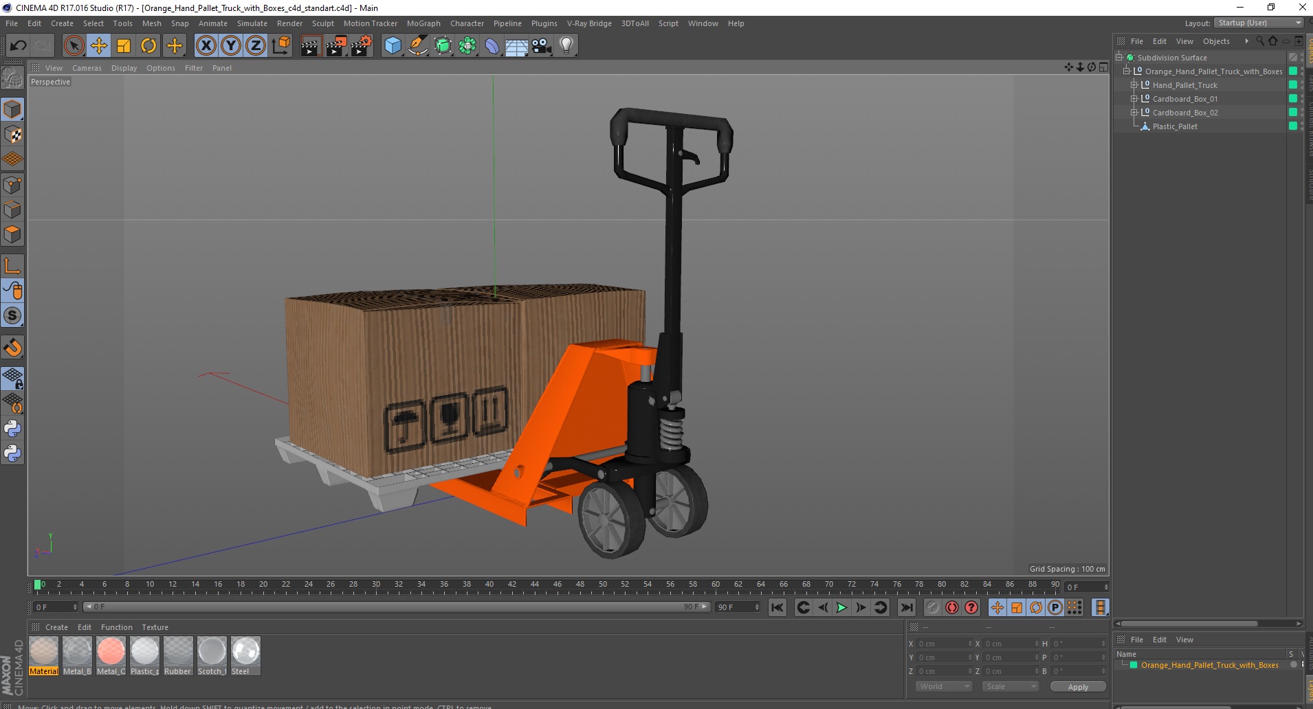 3D model Orange Hand Pallet Truck with Boxes