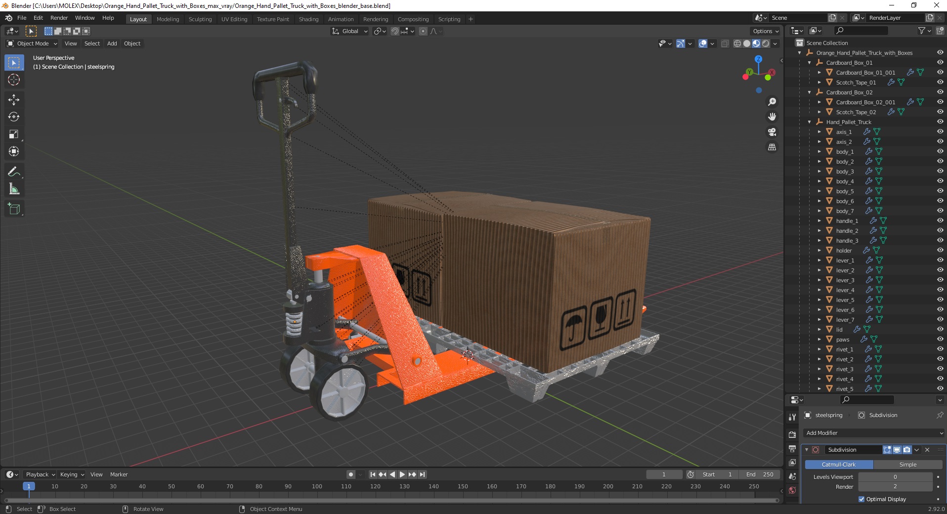 3D model Orange Hand Pallet Truck with Boxes