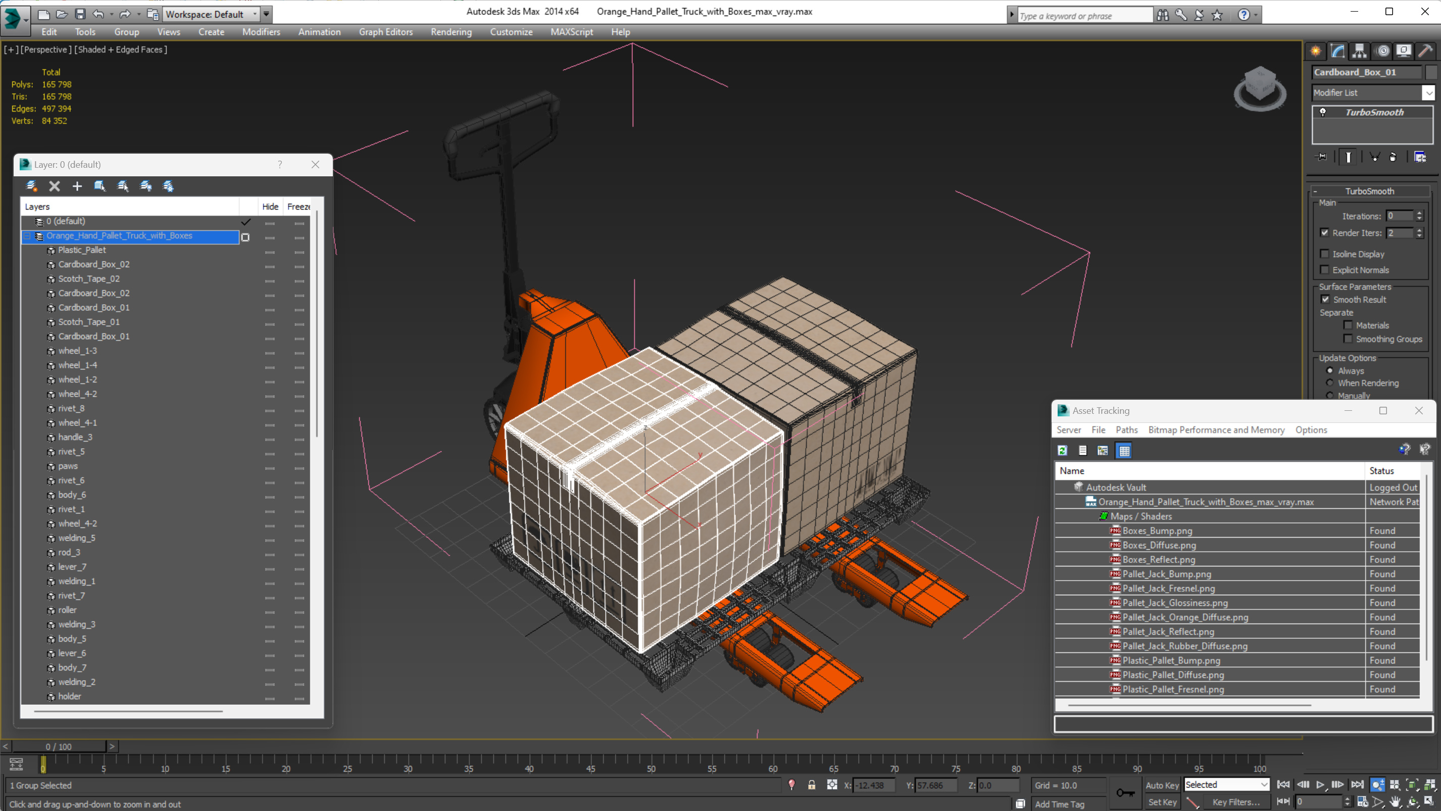 3D model Orange Hand Pallet Truck with Boxes