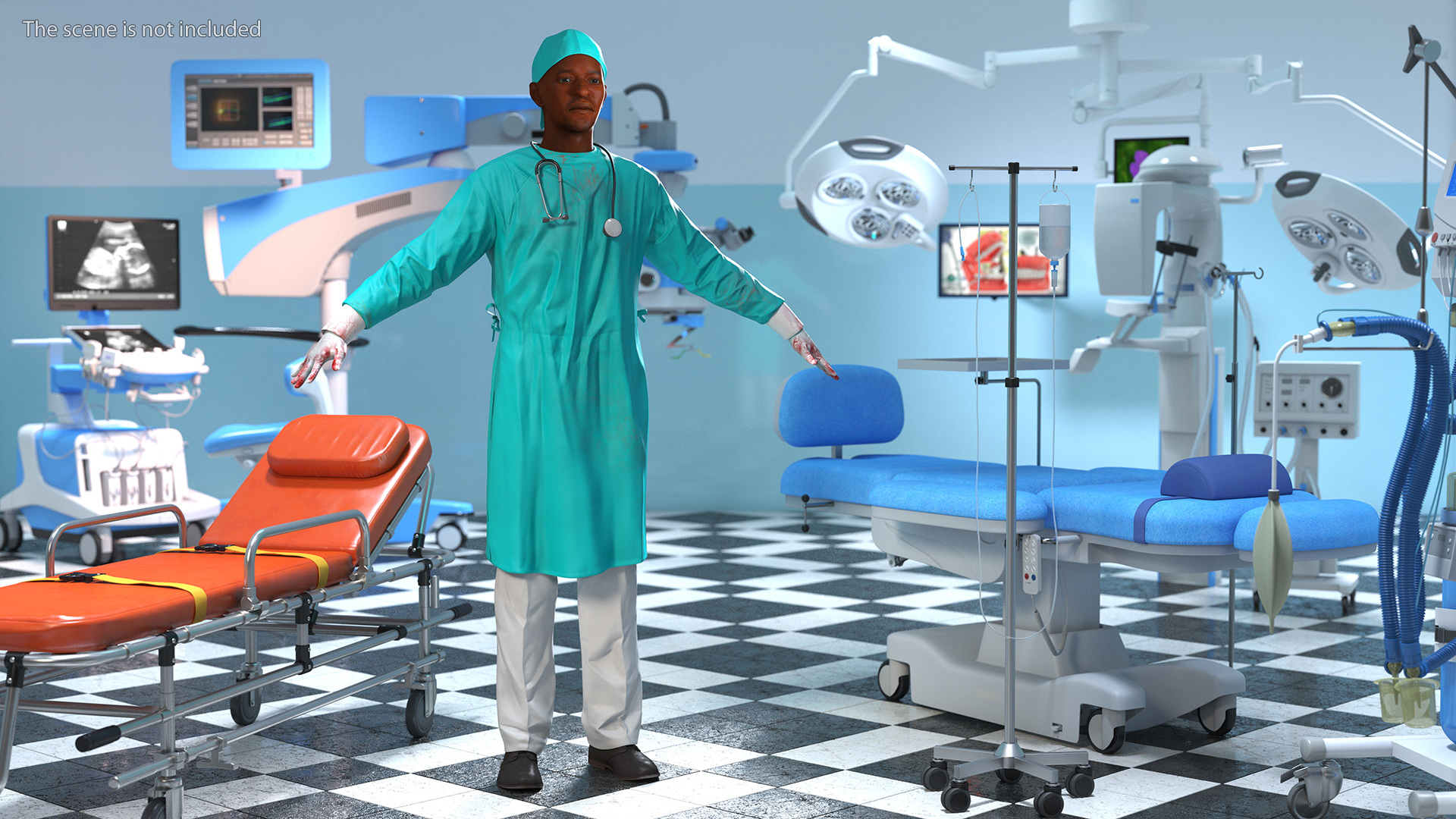 3D African Black Male Doctor Blood Stained Rigged