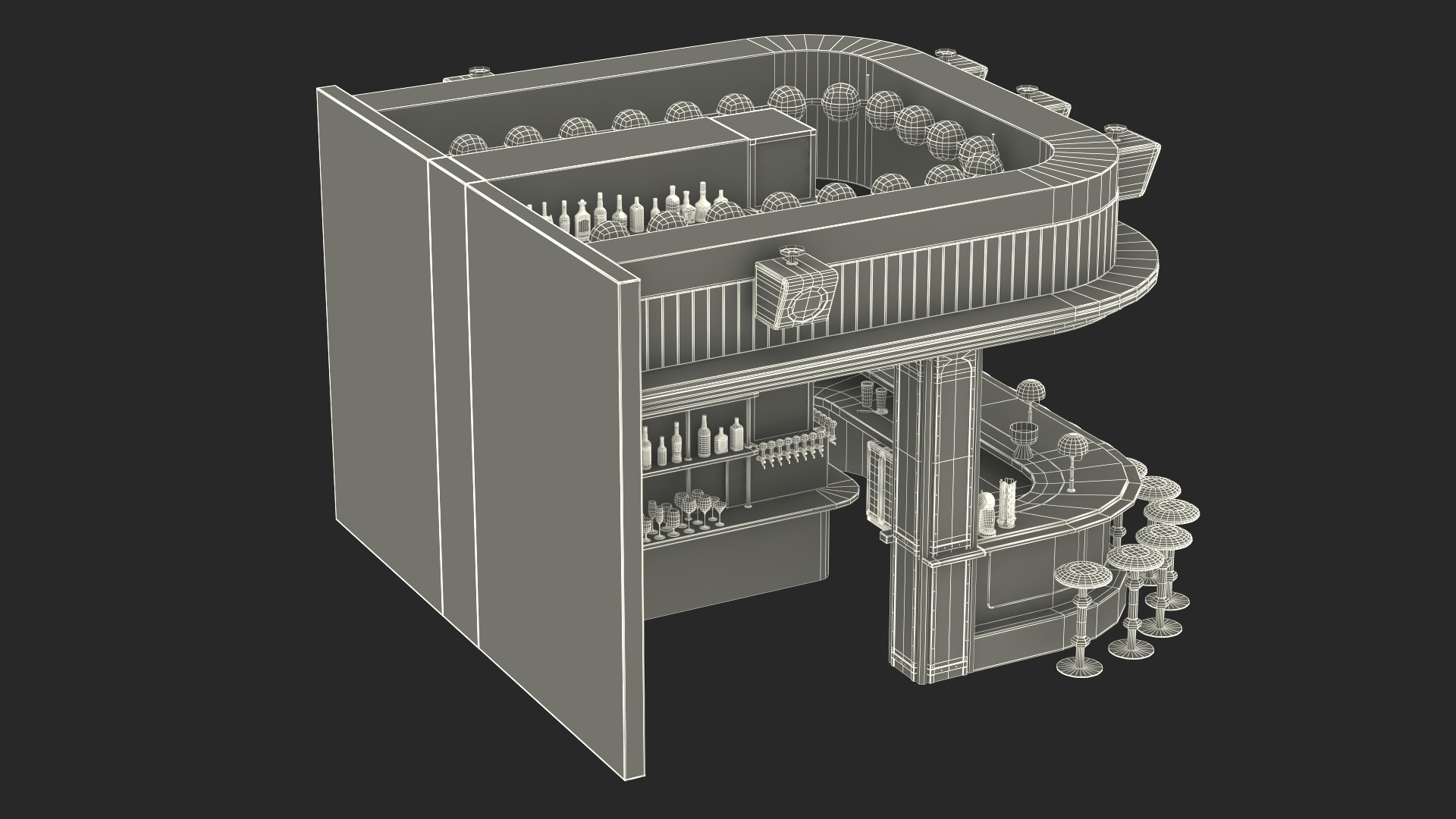 Circular Bar Counter with Stools and Shelves 3D model