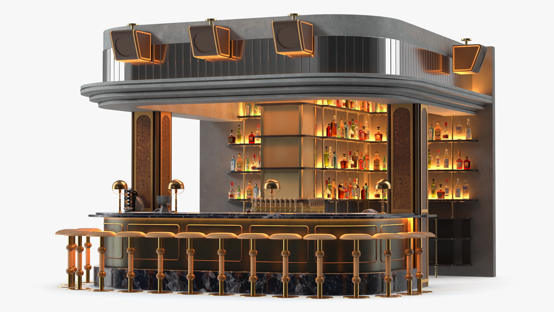 Circular Bar Counter with Stools and Shelves 3D model