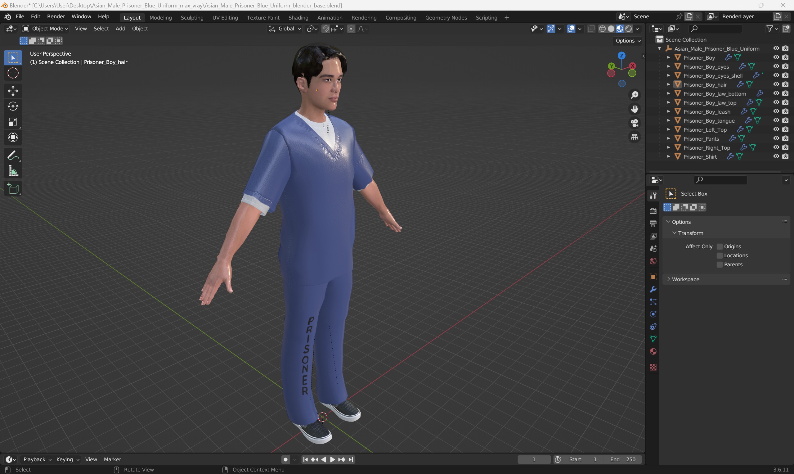 Asian Male Prisoner Blue Uniform 3D