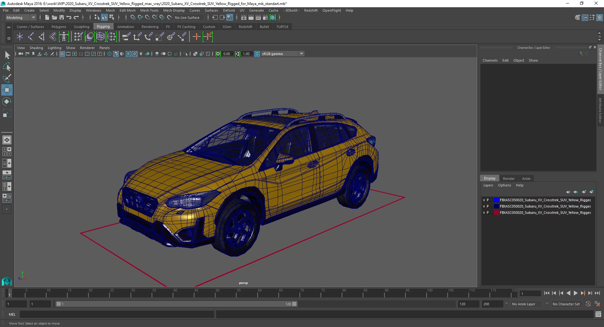 3D 2020 Subaru XV Crosstrek SUV Yellow Rigged for Maya