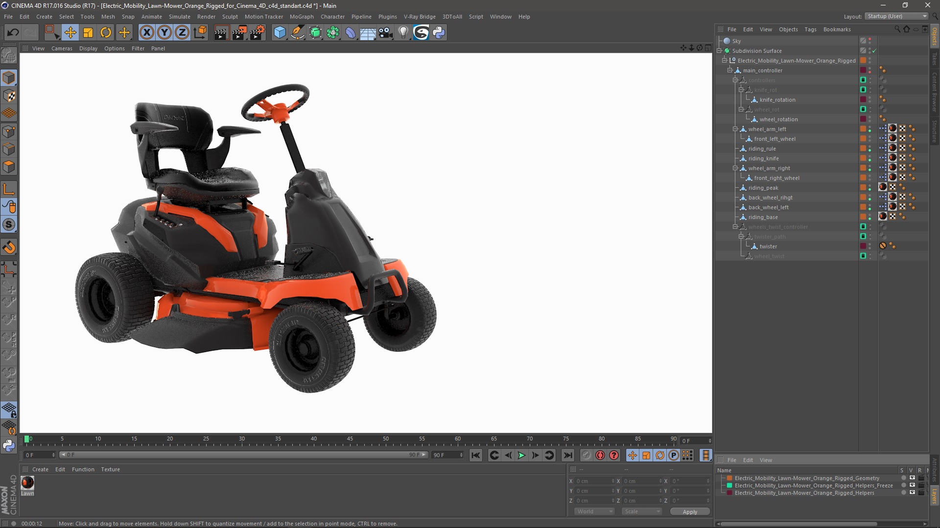 3D Electric Mobility Lawn-Mower Orange Rigged for Cinema 4D