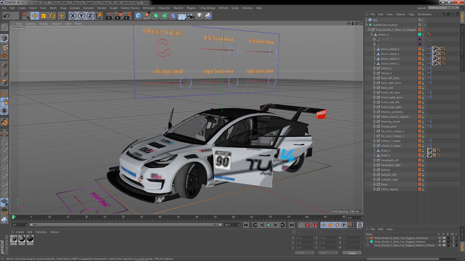 3D Tesla Model 3 Race Car Rigged for Cinema 4D model