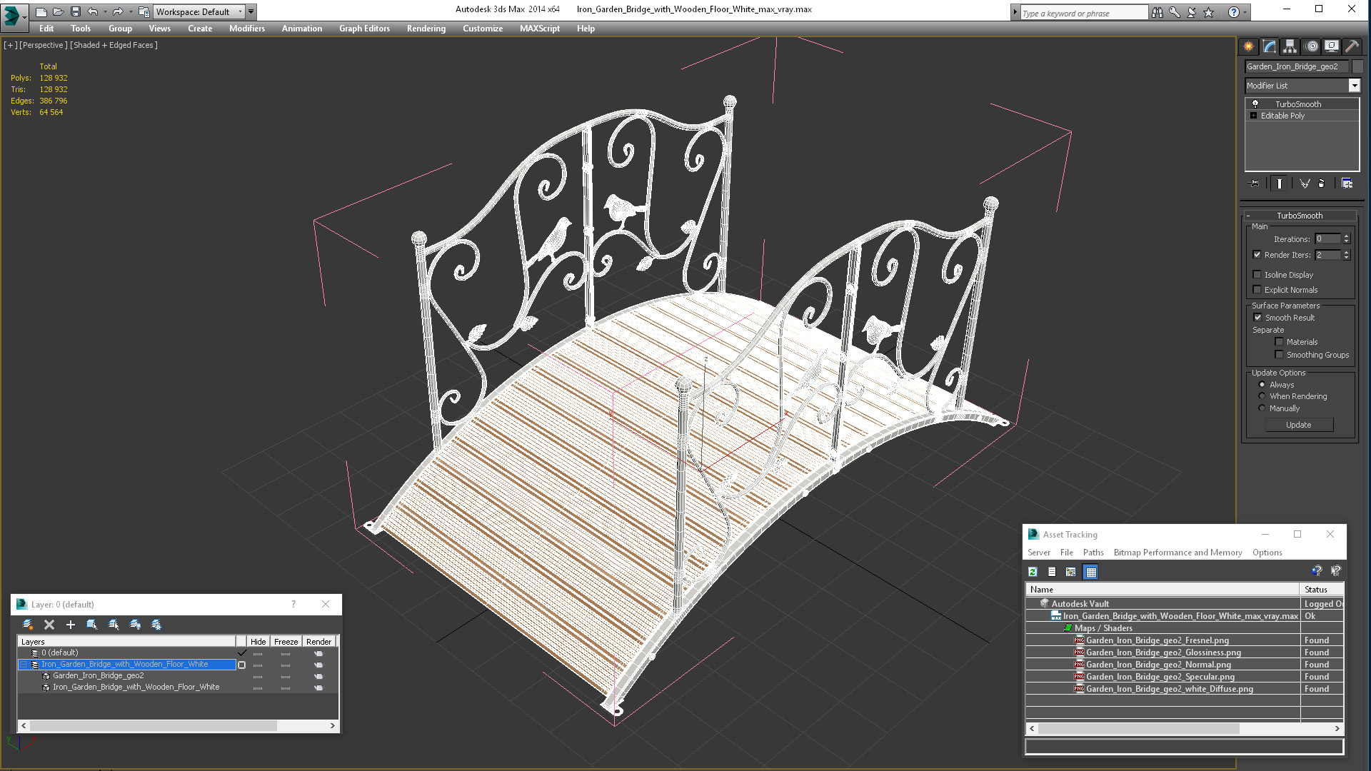 Iron Garden Bridge with Wooden Floor White 3D