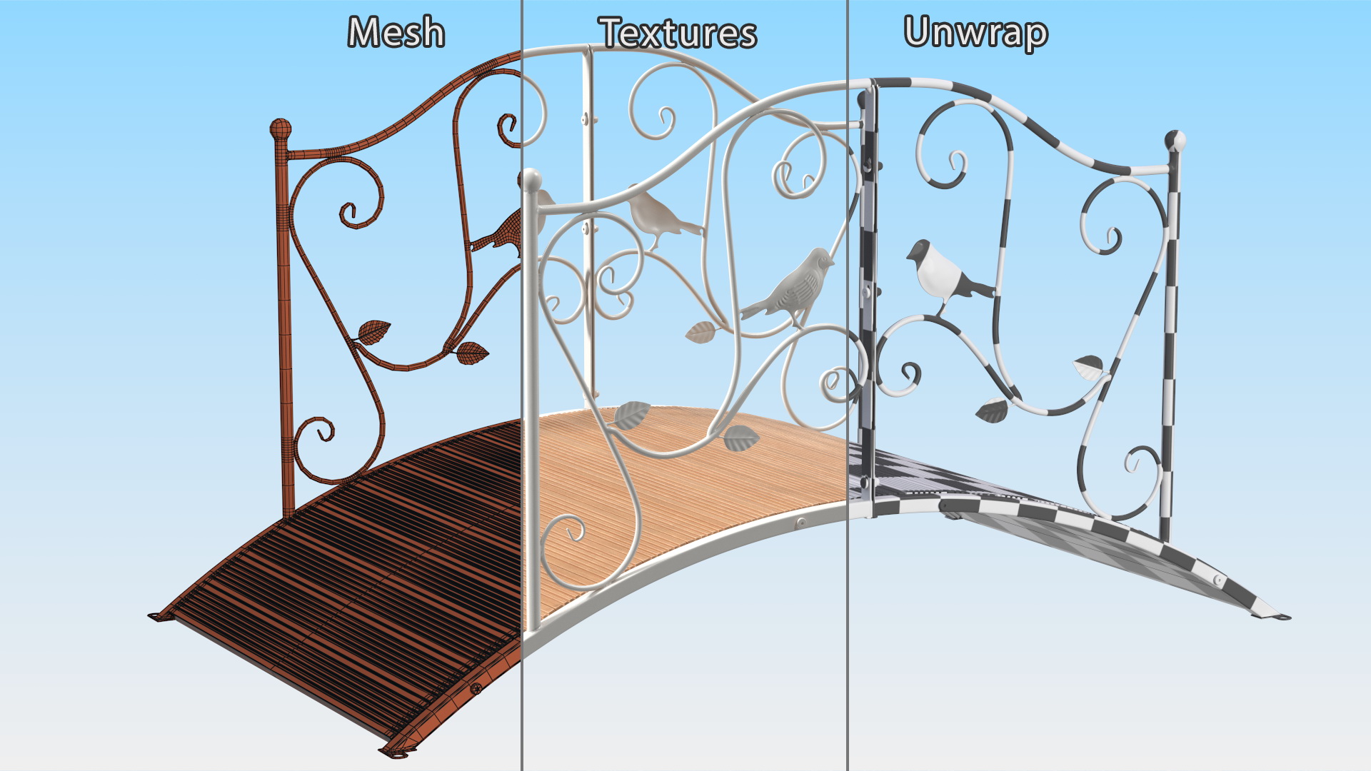 Iron Garden Bridge with Wooden Floor White 3D