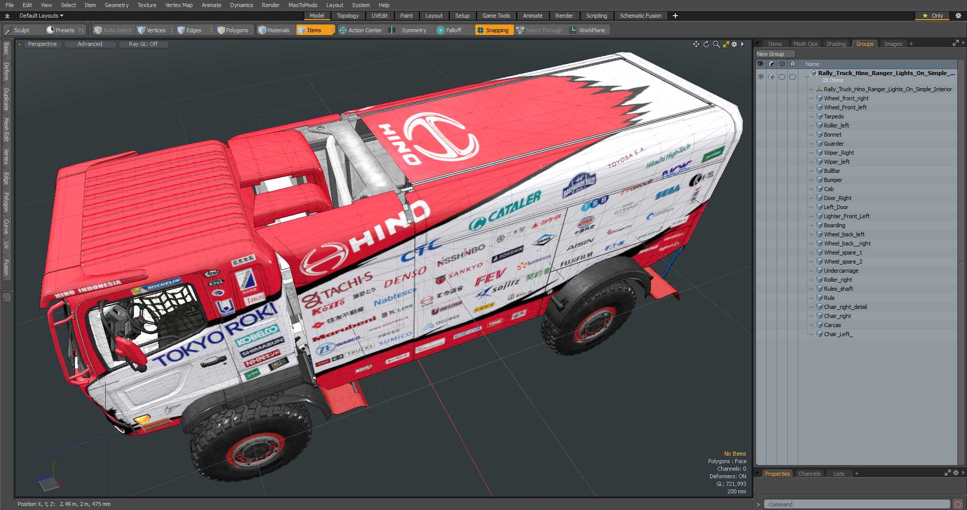 Rally Truck Hino Ranger Lights On Simple Interior 3D model